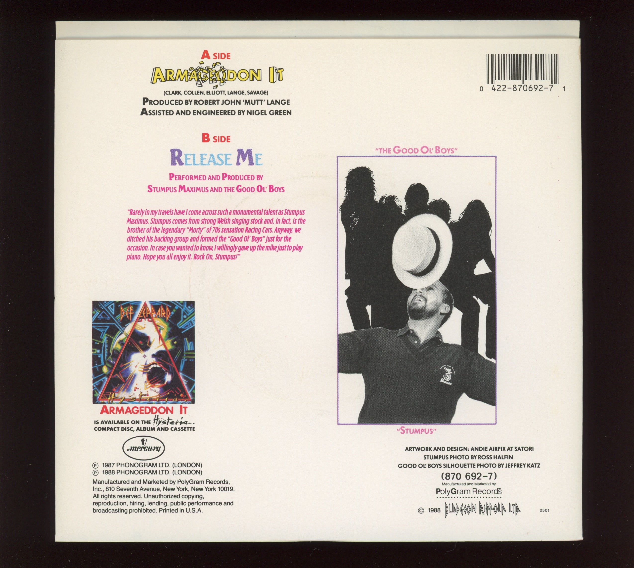 Def Leppard - Armageddon It! on Mercury With Picture Sleeve