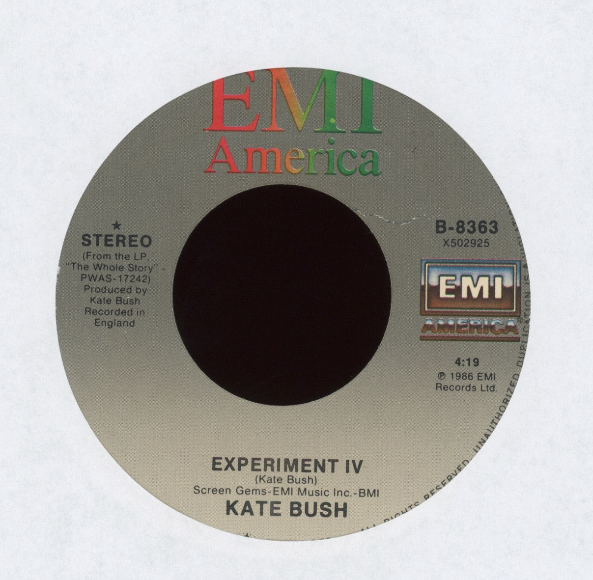 Kate Bush - Experiment IV on EMI America With Picture Sleeve