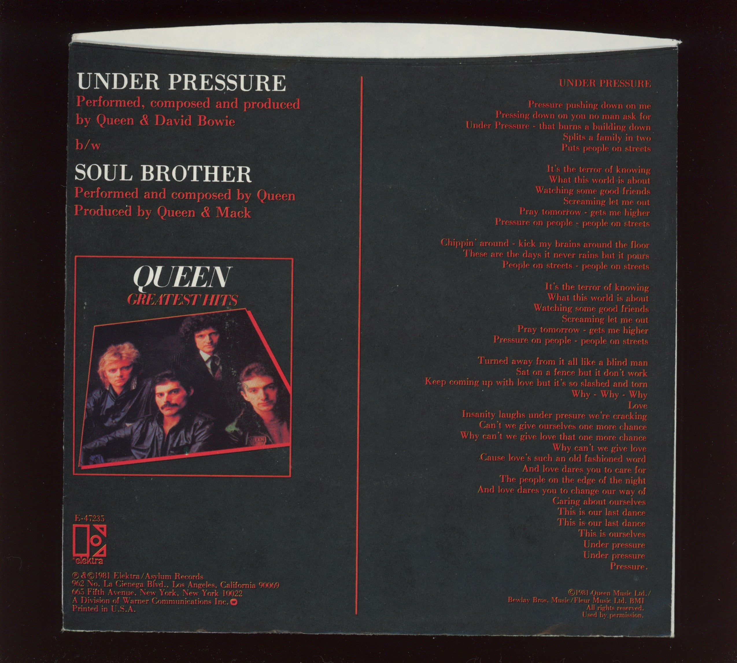 Queen & David Bowie - Under Pressure on Elektra With Picture Sleeve