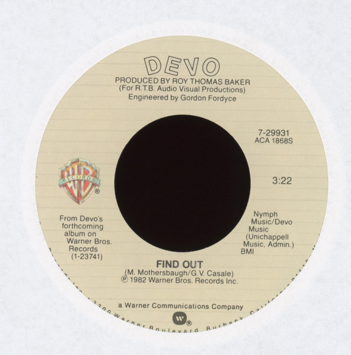 Devo - Peek-A-Boo! on WB With Picture Sleeve