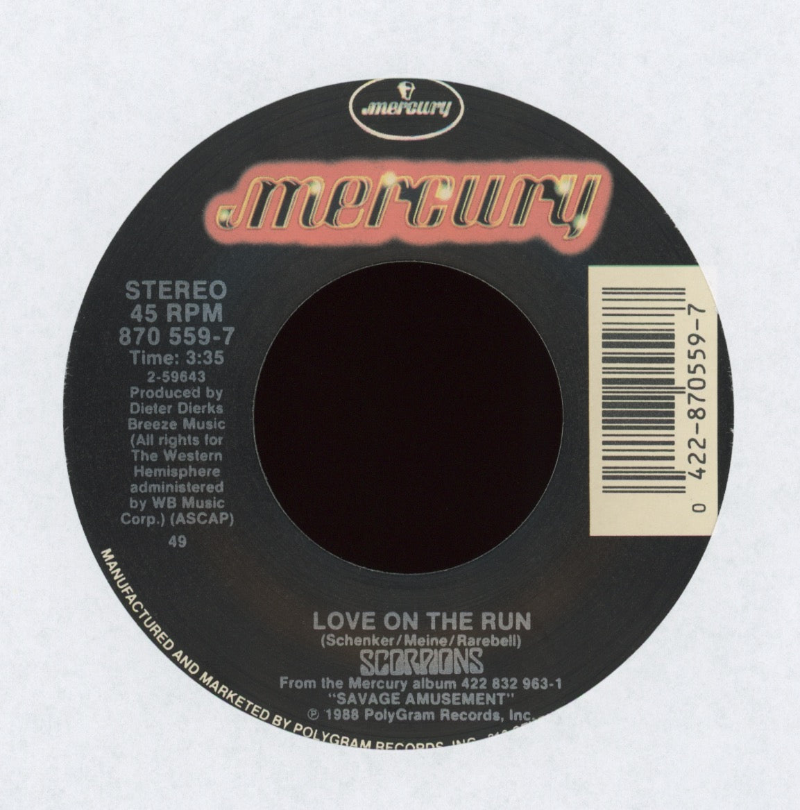 Scorpions - Believe In Love on Mercury With Picture Sleeve