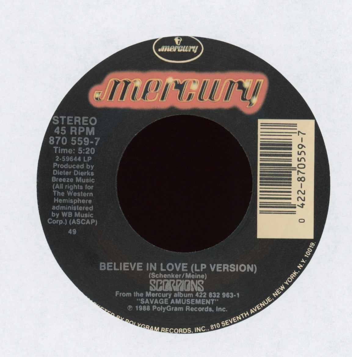 Scorpions - Believe In Love on Mercury With Picture Sleeve