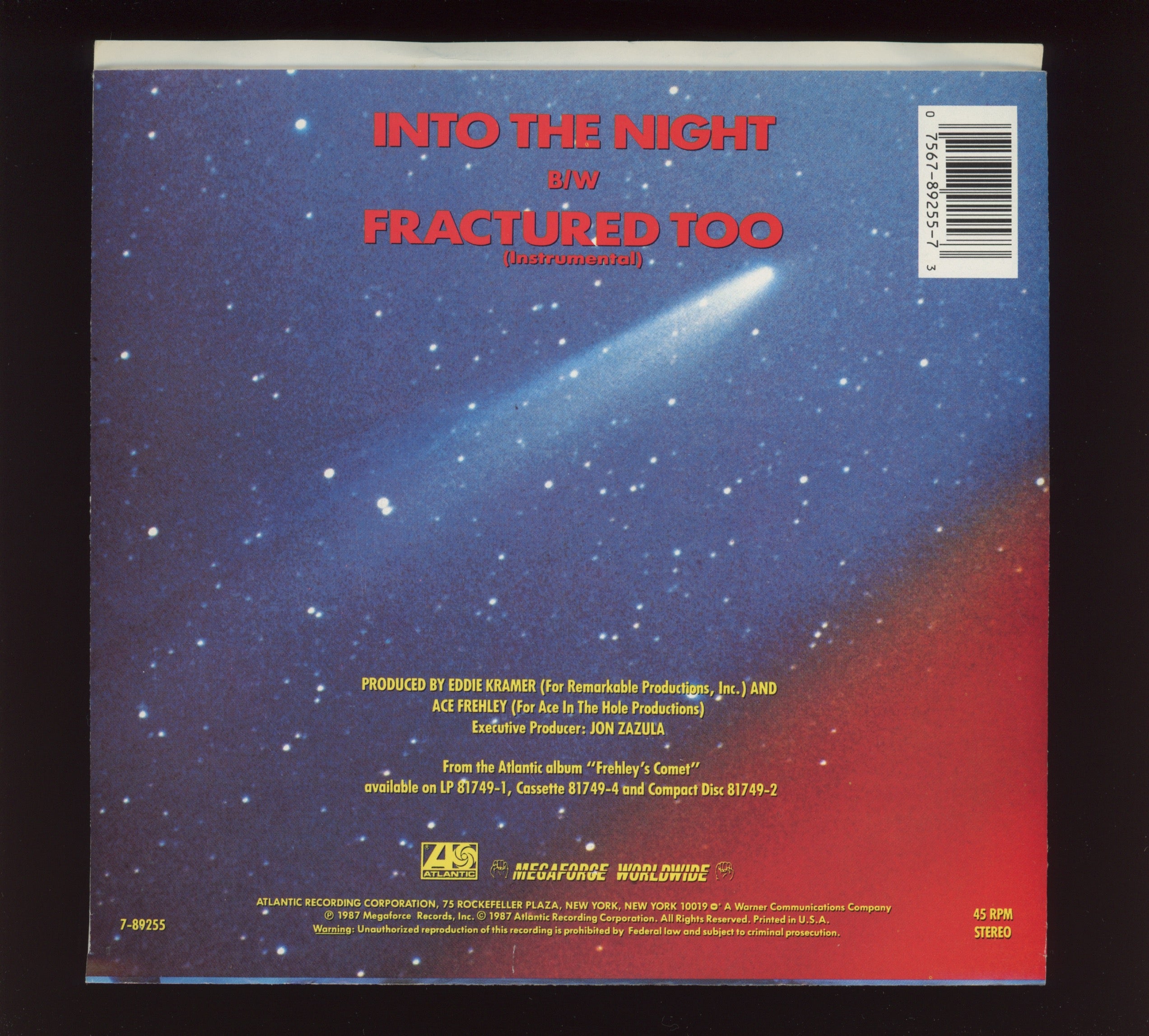 Ace Frehley - Into The Night on Atlantic With Picture Sleeve