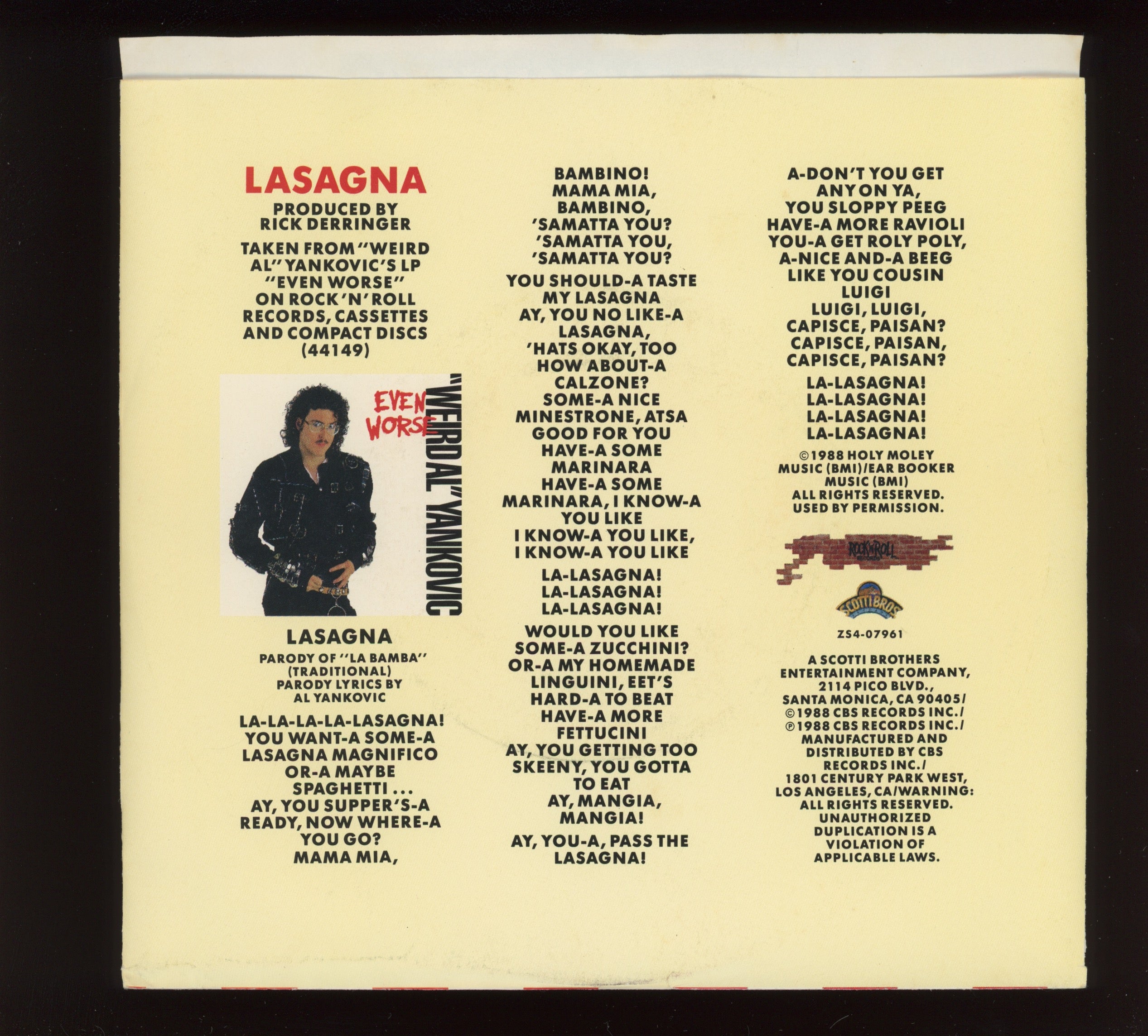 "Weird Al" Yankovic - Lasagna on Rock 'n' Roll With Picture Sleeve