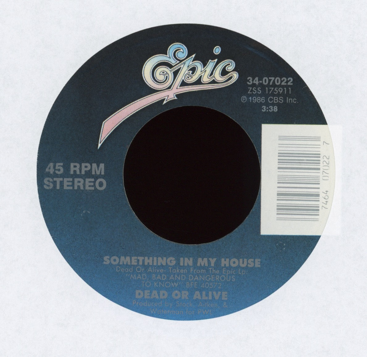 Dead Or Alive - Something In My House on Epic With Picture Sleeve