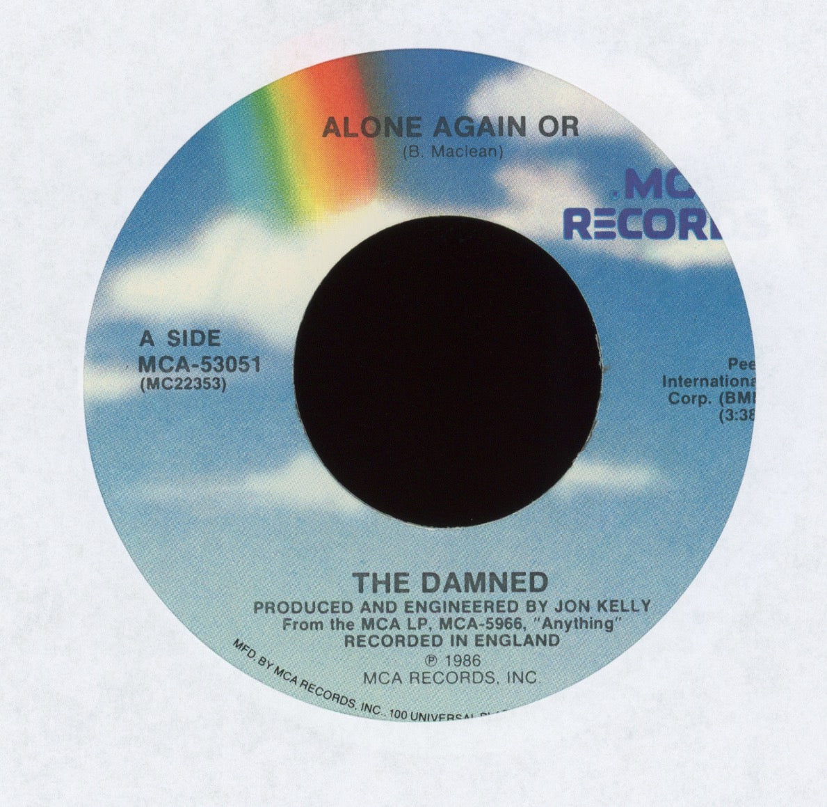 The Damned - Alone Again Or on MCA With Picture Sleeve