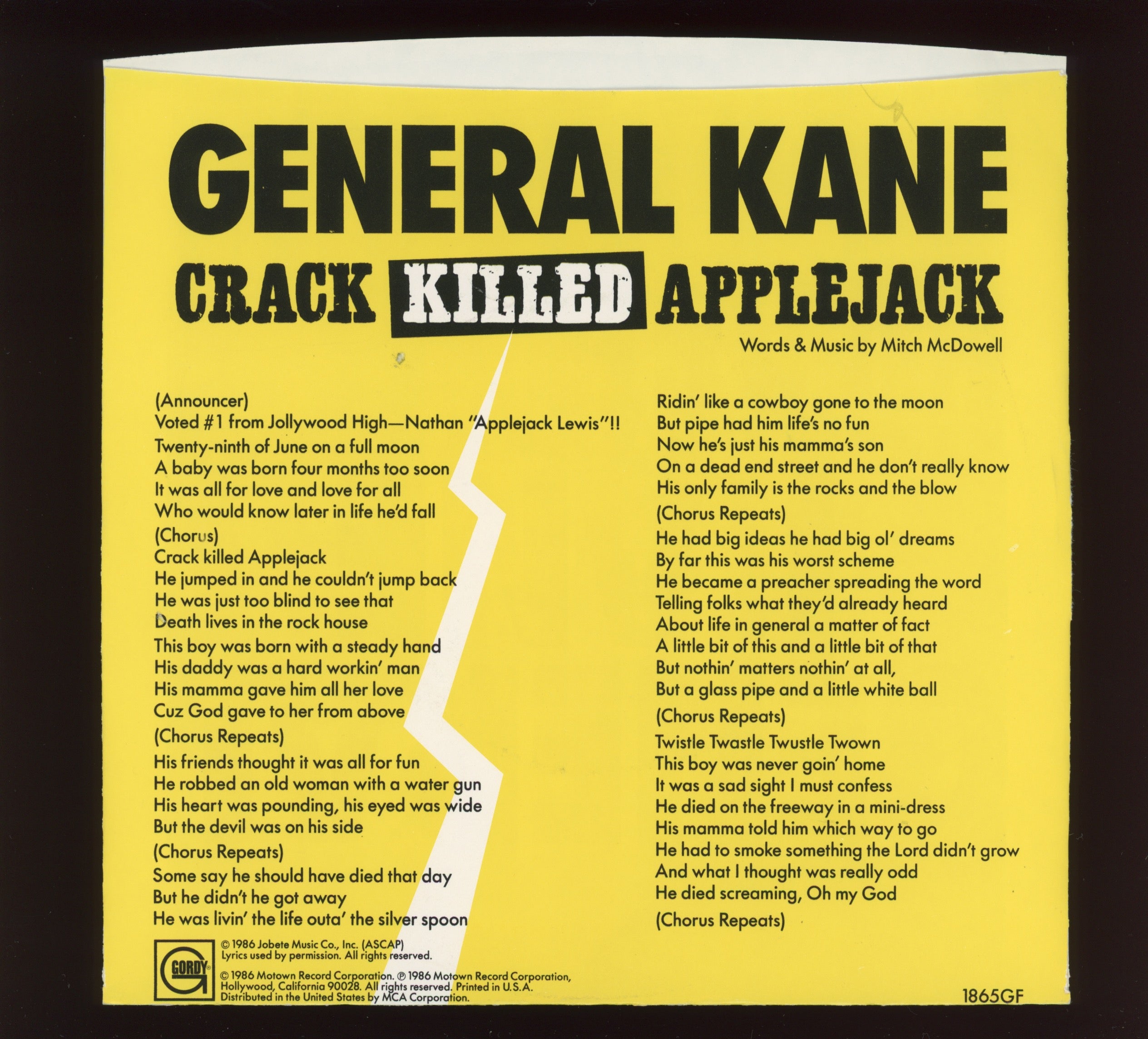 General Kane - Crack Killed Applejack on Gordy With Picture Sleeve