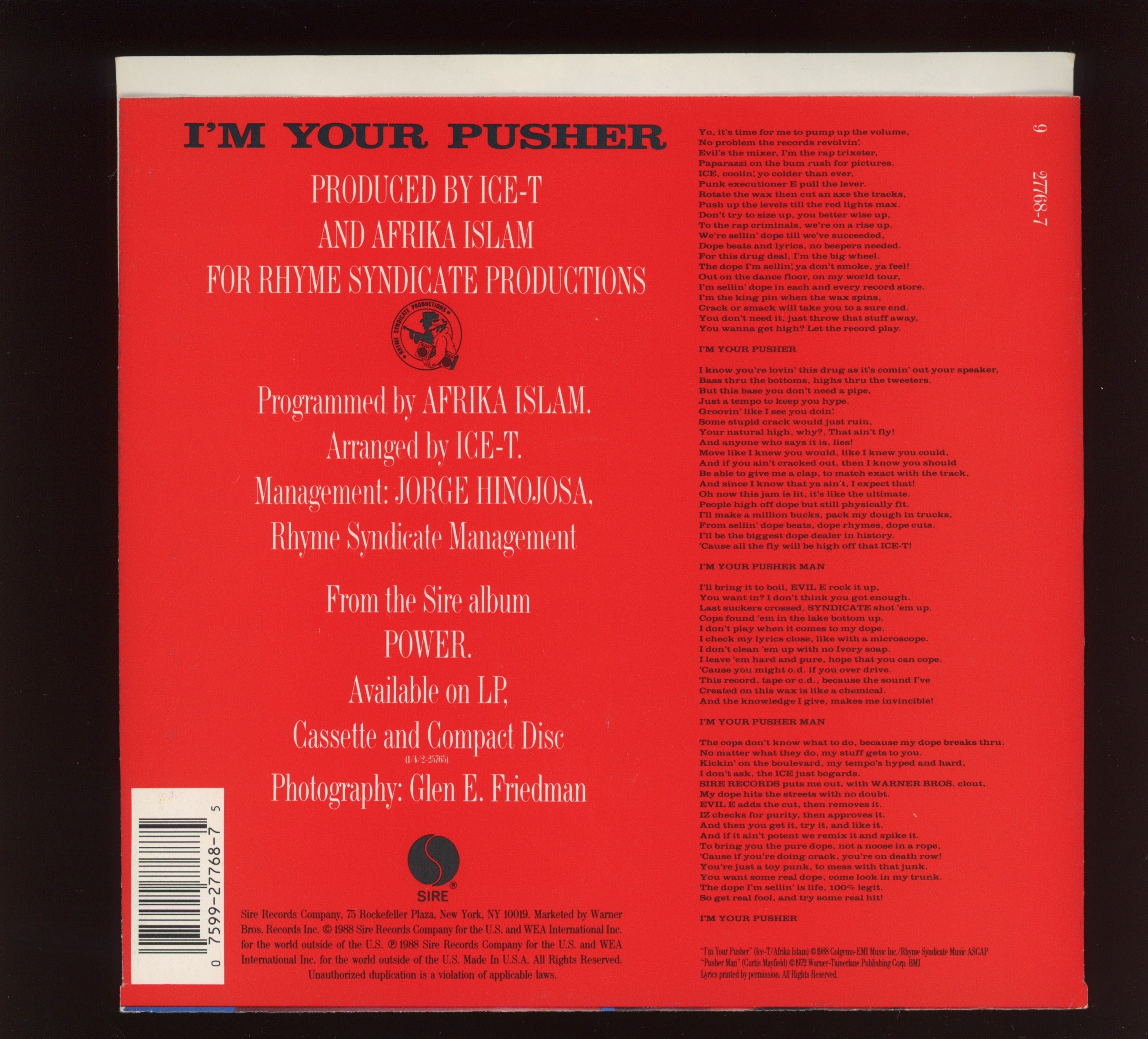 Ice-T - I'm Your Pusher on Sire With Picture Sleeve
