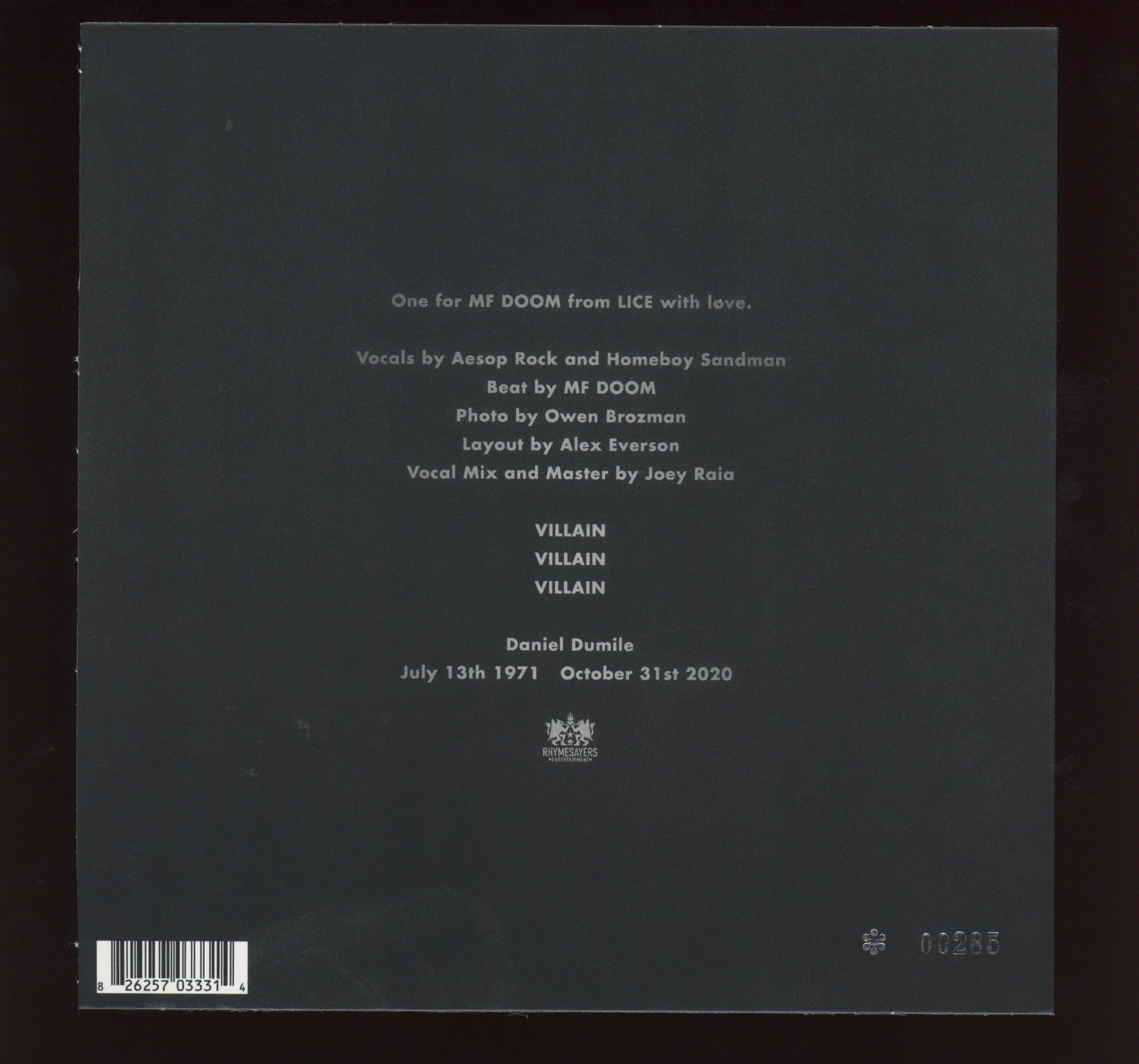 Lice / Aesop Rock / Homeboy Sandman - Ask Anyone on Rhymesayers Limited Single Sided 7" MF Doom