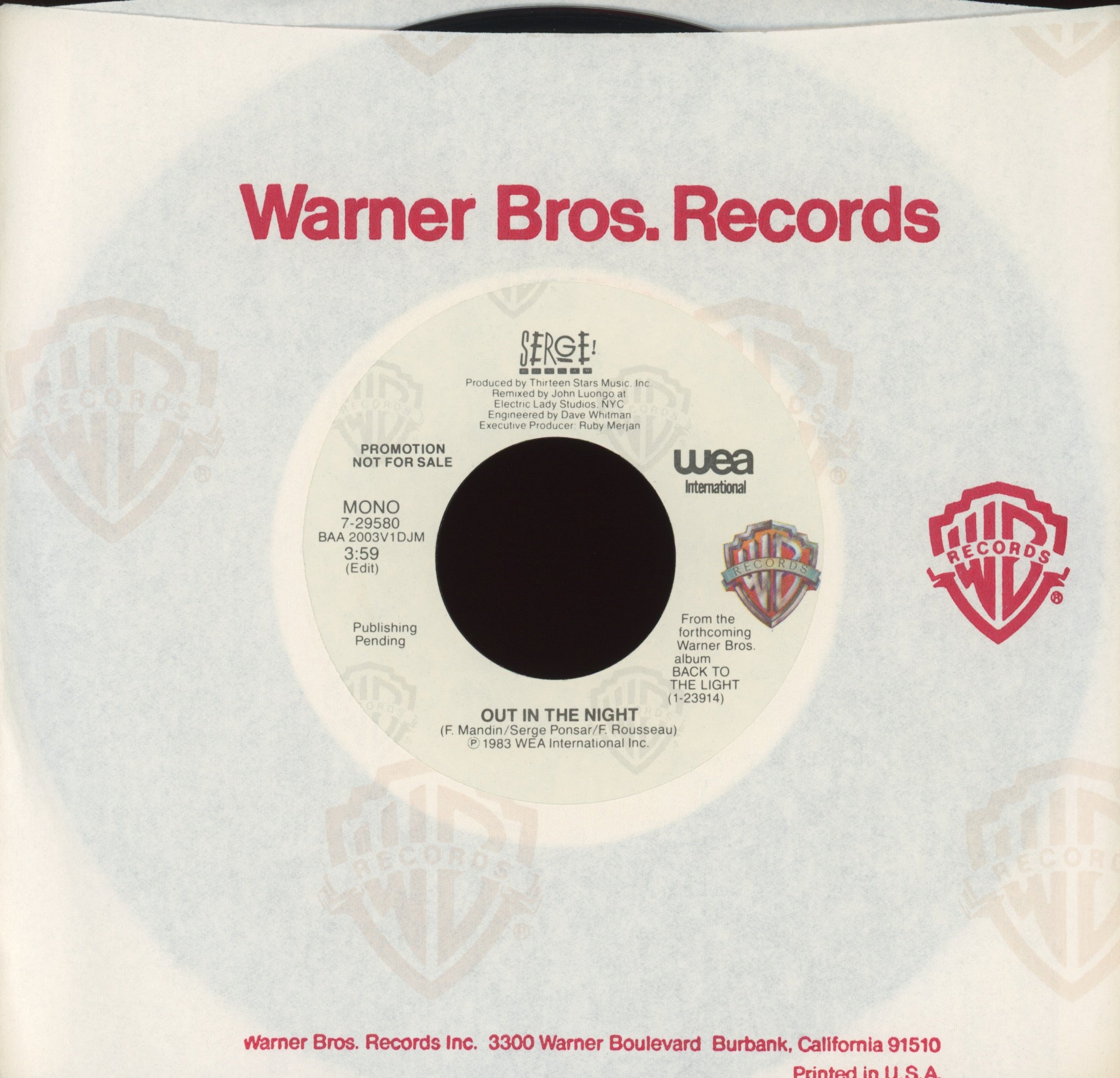 Serge Ponsar - Out In The Night on Warner Bros Promo