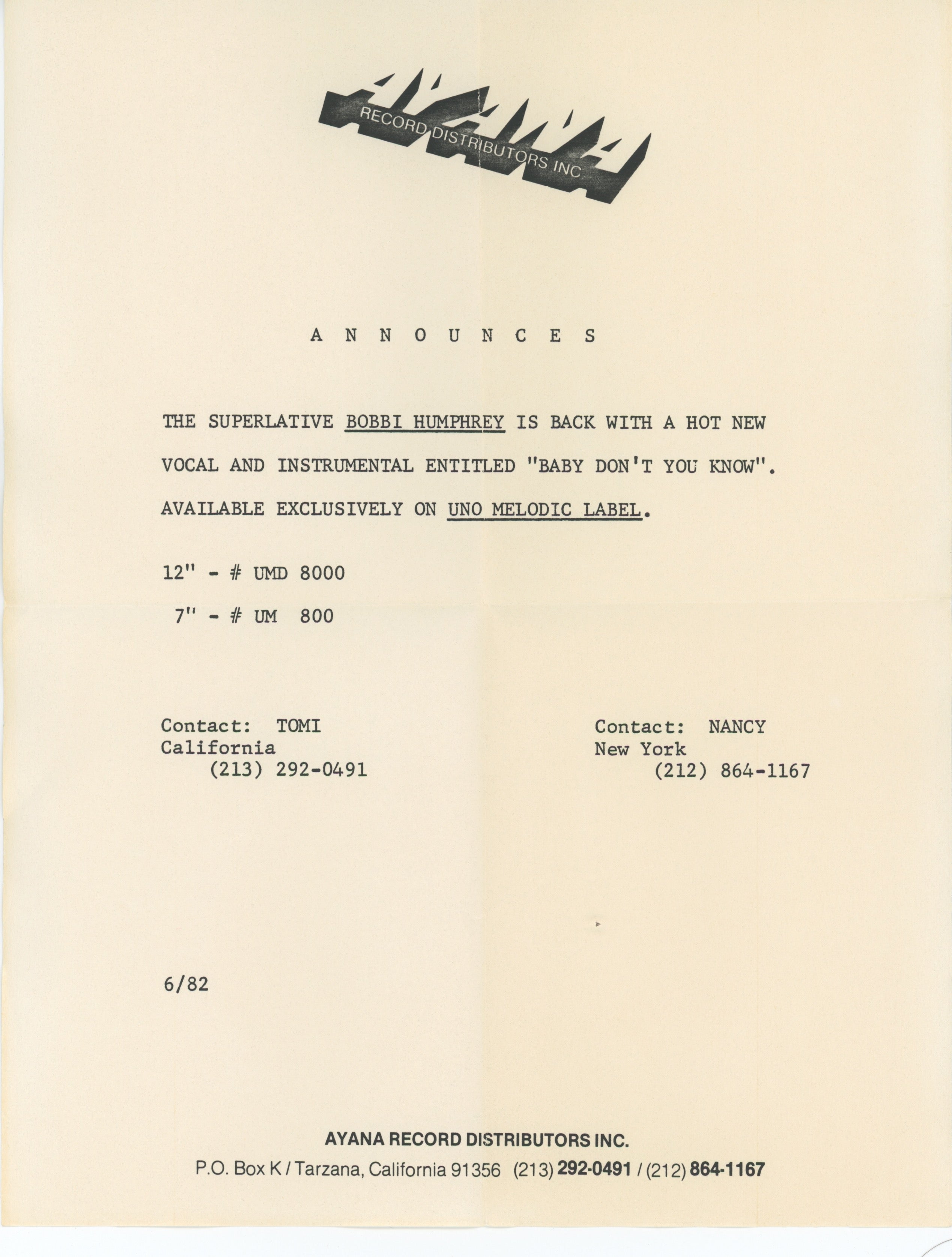 Bobbi Humphrey - Baby Don't You Know on Uno Melodic Promo With Press Release