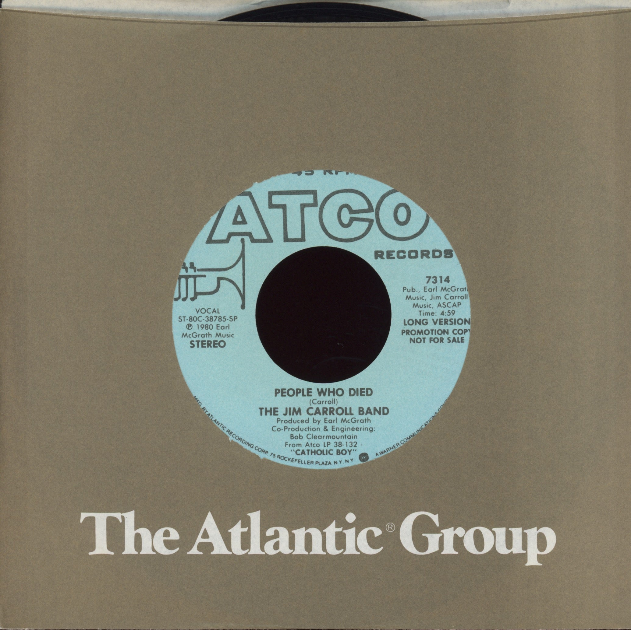 The Jim Carroll Band - People Who Died on Atlantic Promo 45