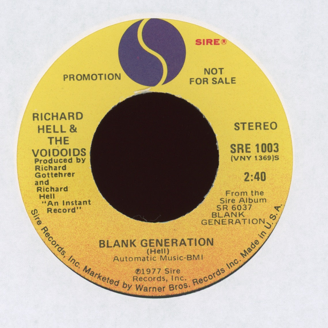 Richard Hell & The Voidoids - Blank Generation on Sire Promo