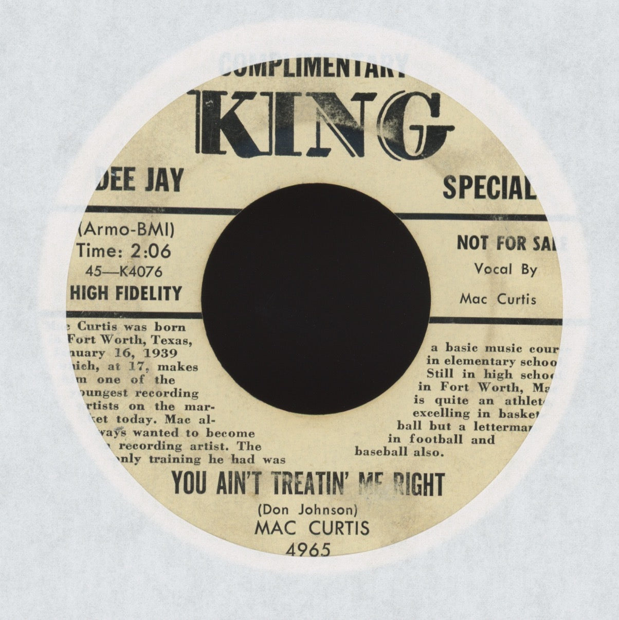 Mac Curtis - The Low Road / You Ain't Treatin' Me Right on King Bio Promo Rockabilly Popcorn 45