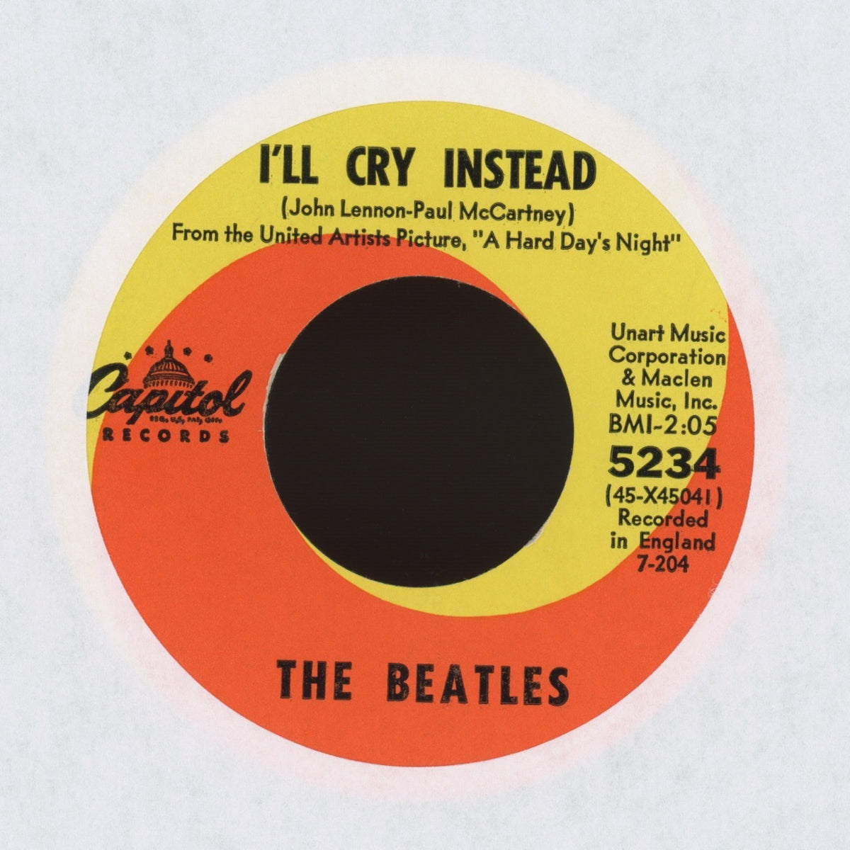The Beatles - I'll Cry Instead / I'm Happy Just To Dance With You on Capitol Records Rock 45 With Picture Sleeve