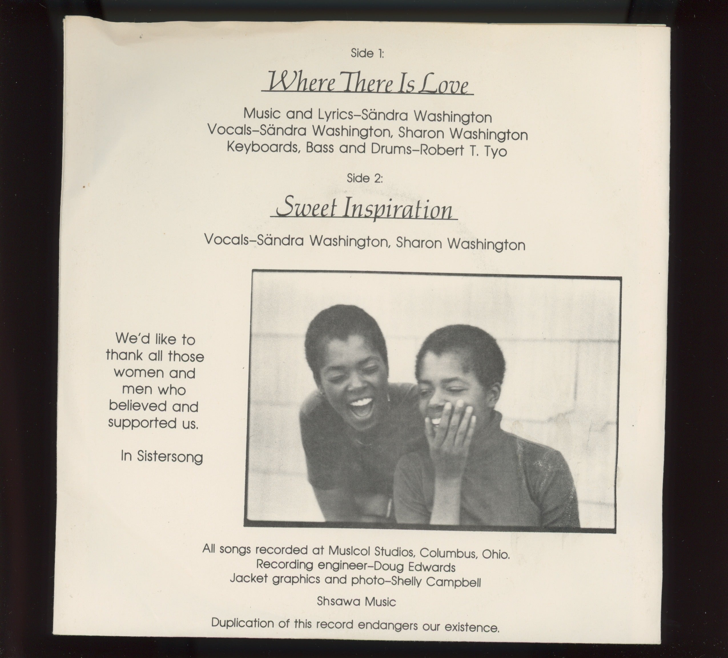 The Washington Sisters - In Synch Self Released Soul 7" With Picture Sleeve