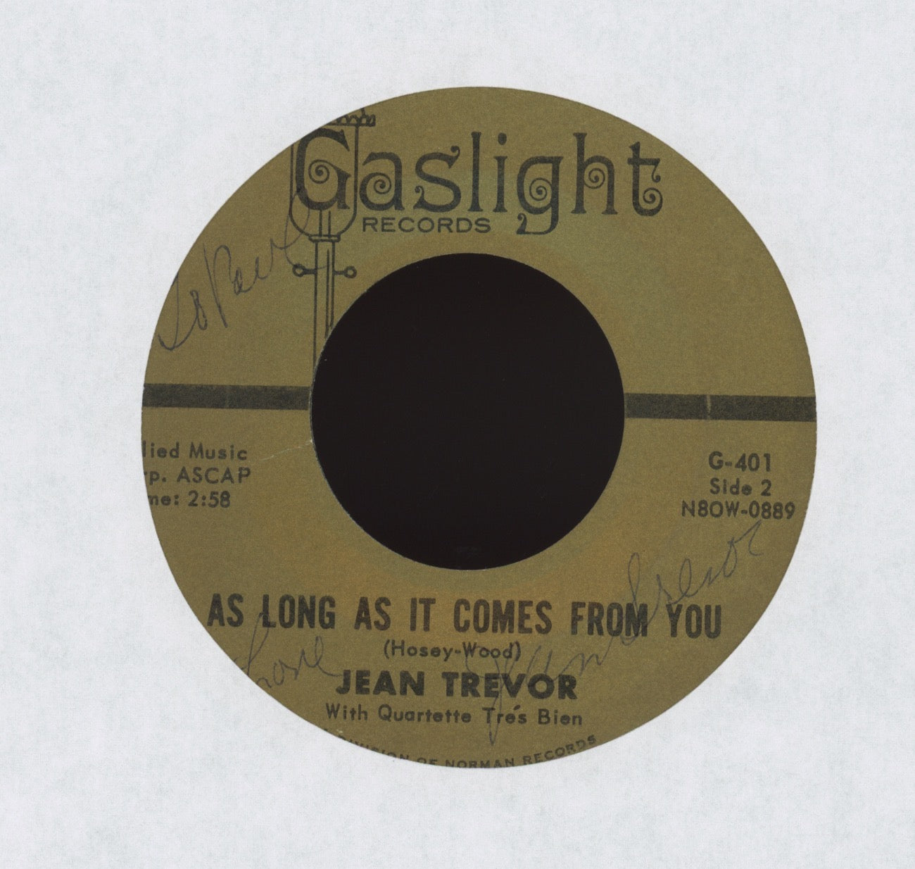 Jeanne Trevor - On The Street Where You Live on Gaslight Jazz 45
