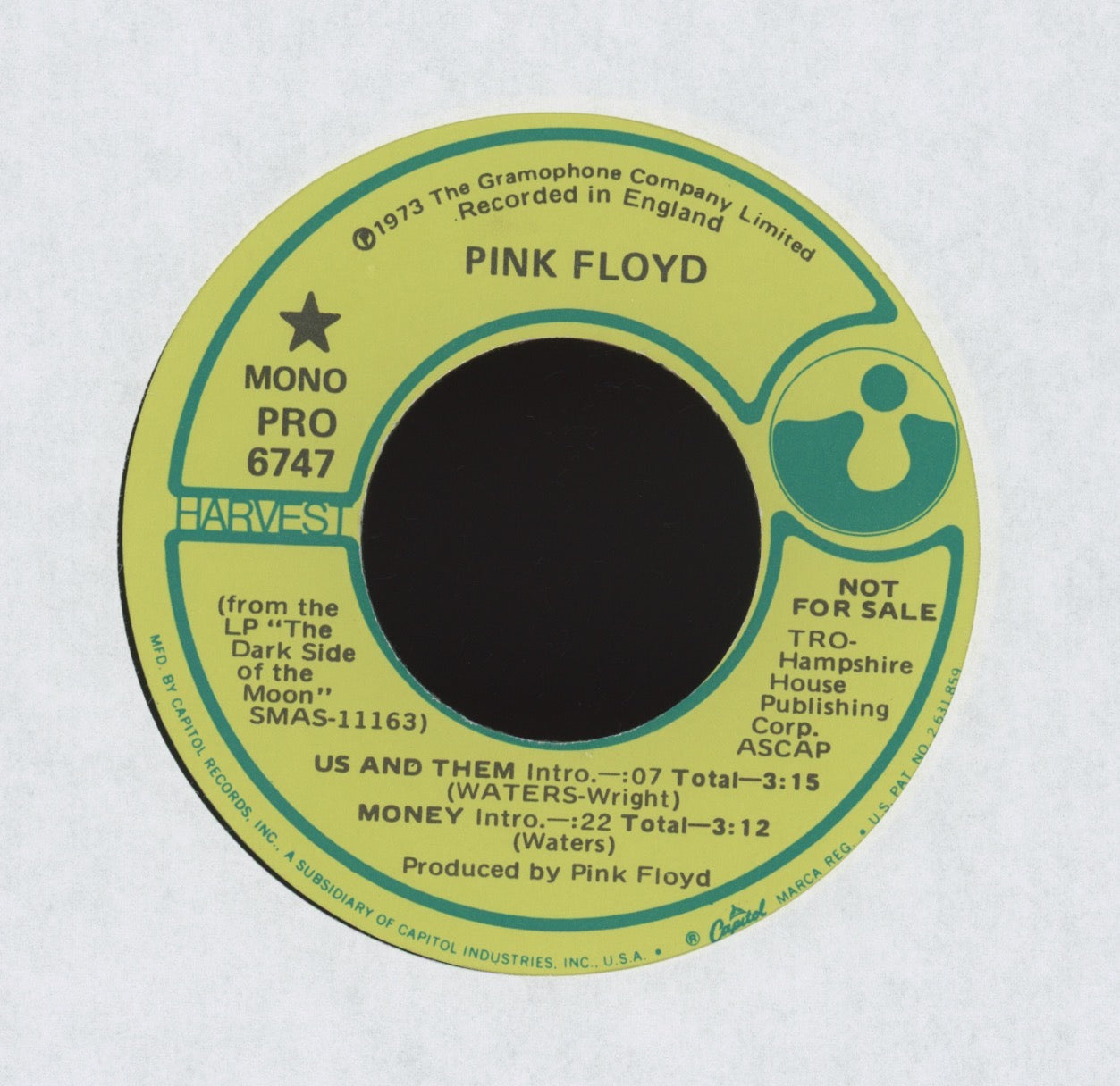 Pink Floyd - Dark Side Of The Moon on Harvest Rare Mono Promo EP 45 With Picture Sleeve