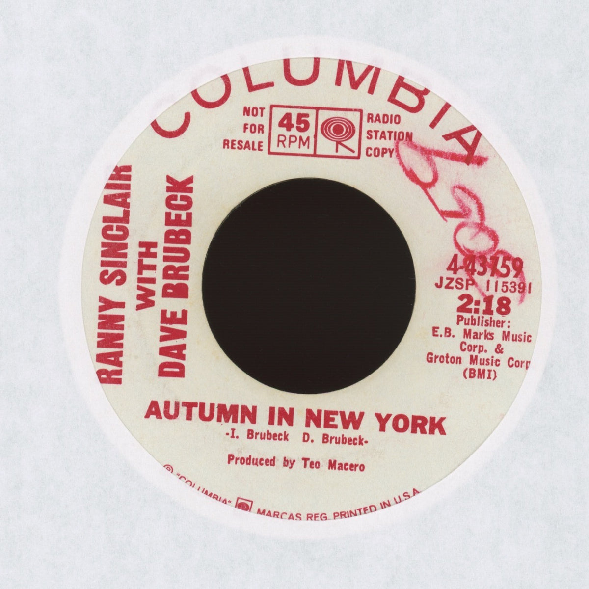 Ranny Sinclair With Dave Brubeck - Something To Sing About on Columbia - Promo Mod Jazz 45