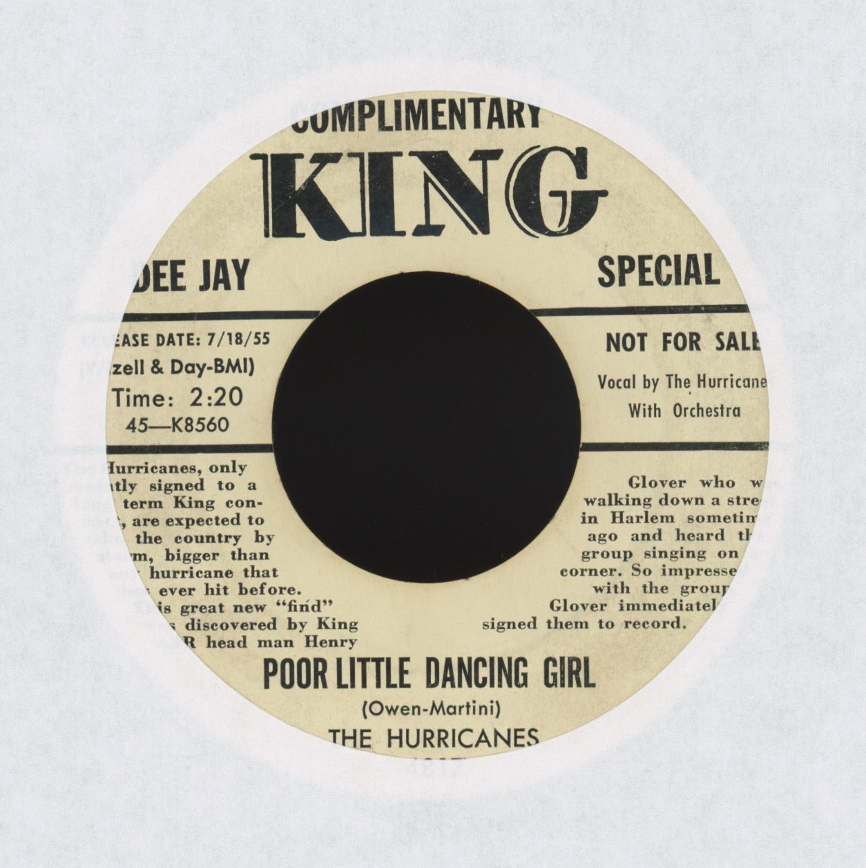 The Hurricanes - Pistol Packin' Mama on King Bio Promo R&B Doo Wop 45