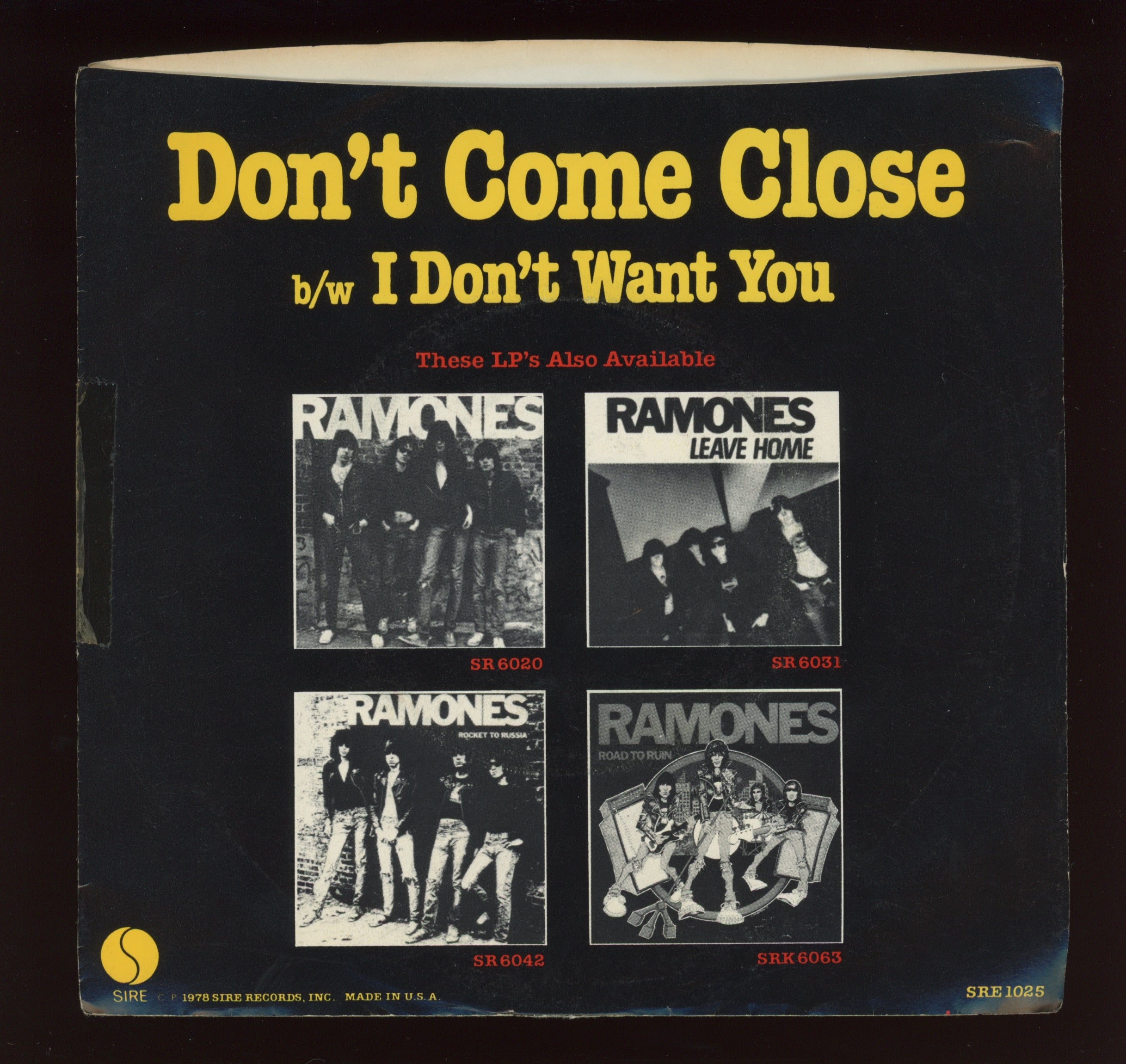 Ramones - Don't Come Close on Sire With Picture Sleeve