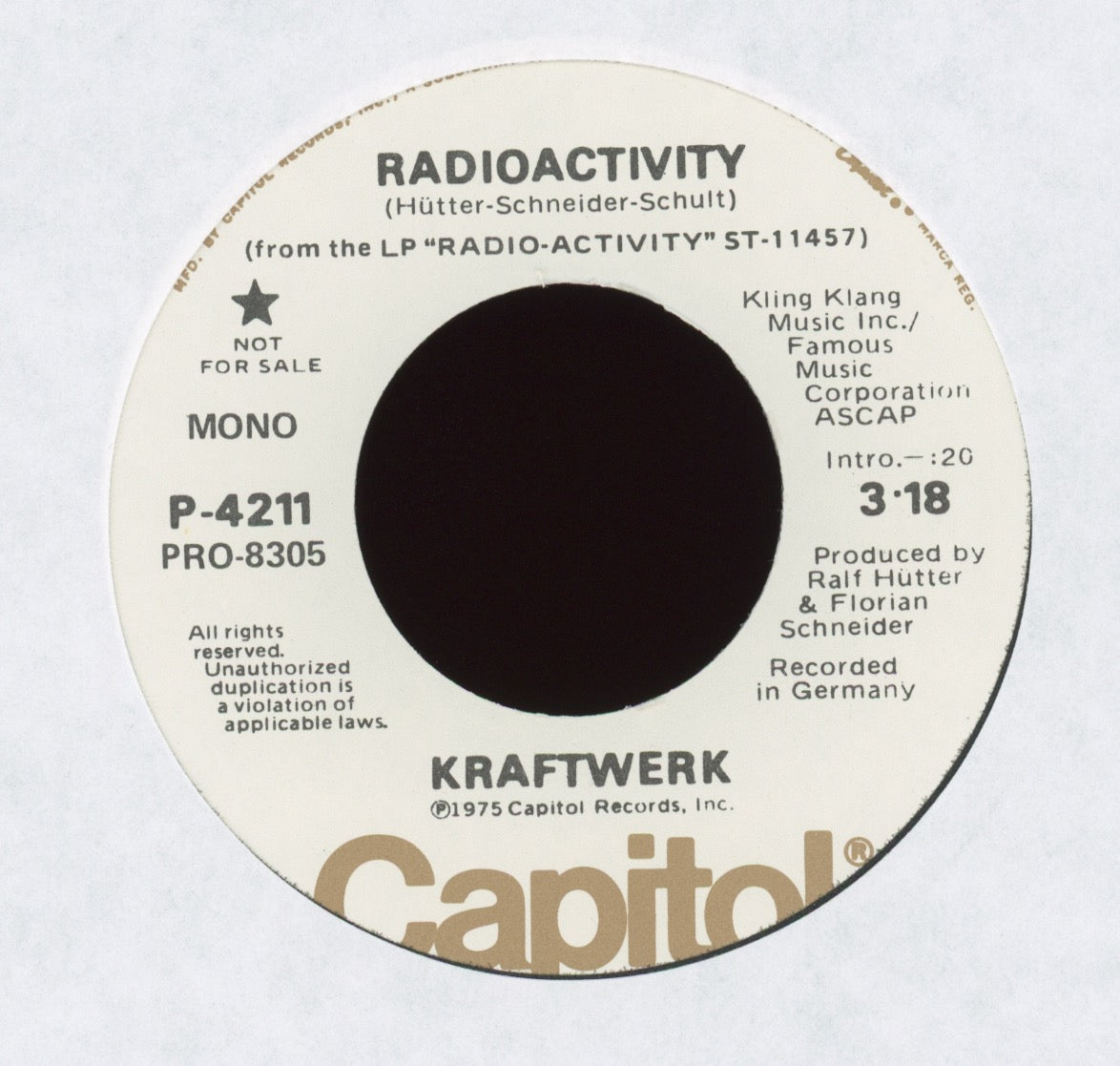 Kraftwerk - Radioactivity on Capitol Promo With Picture Sleeve