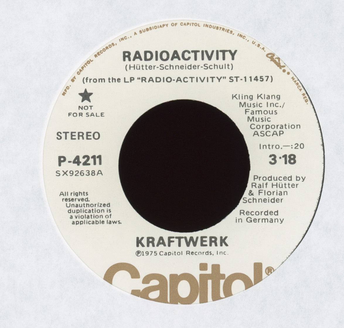 Kraftwerk - Radioactivity on Capitol Promo With Picture Sleeve