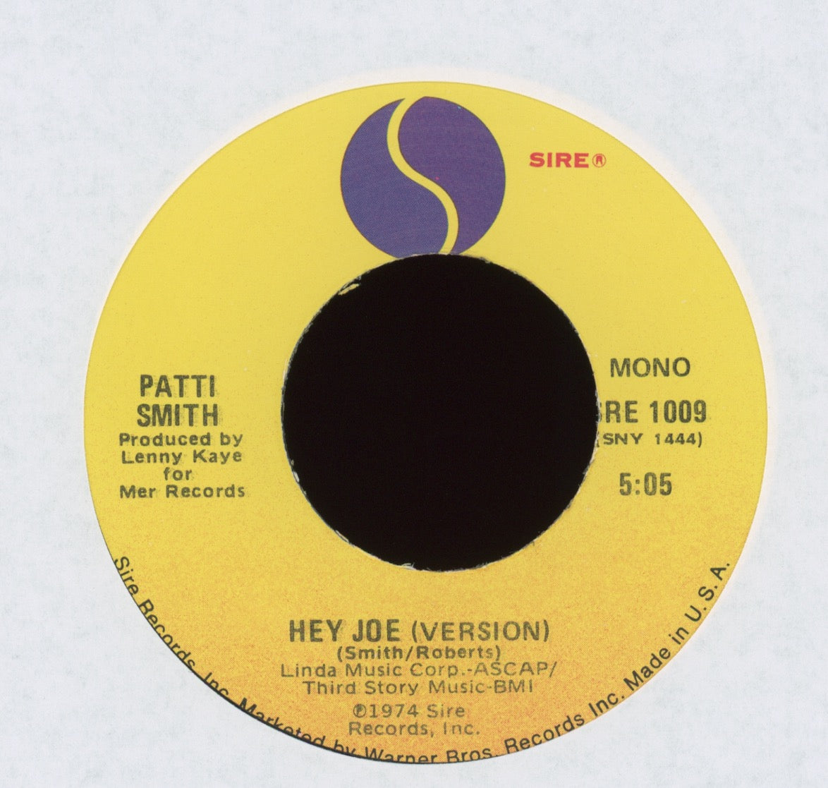 Patti Smith - Hey Joe (Version) / Piss Factory on Sire 1977 Reissue