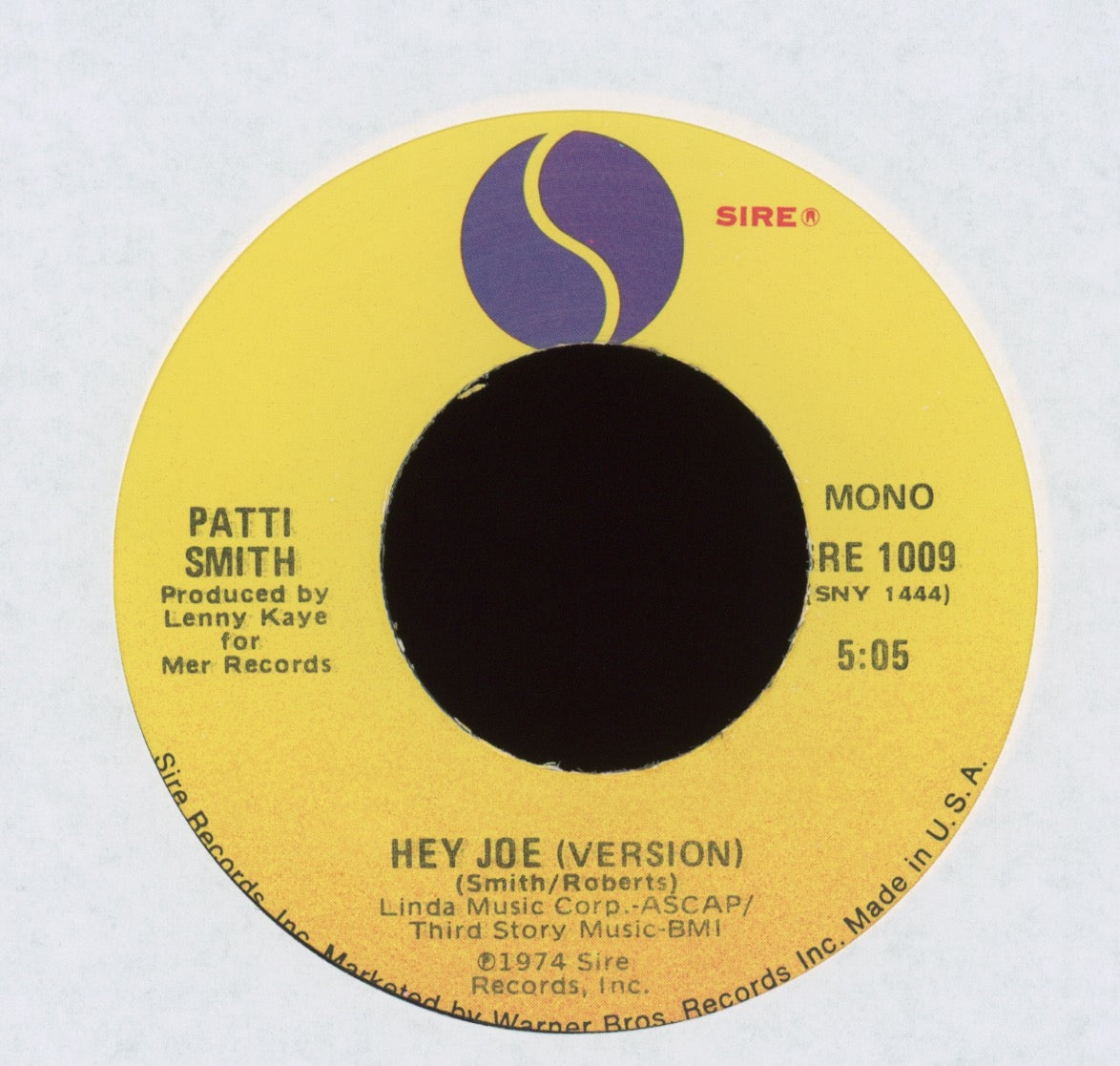 Patti Smith - Hey Joe (Version) / Piss Factory on Sire 1977 Reissue
