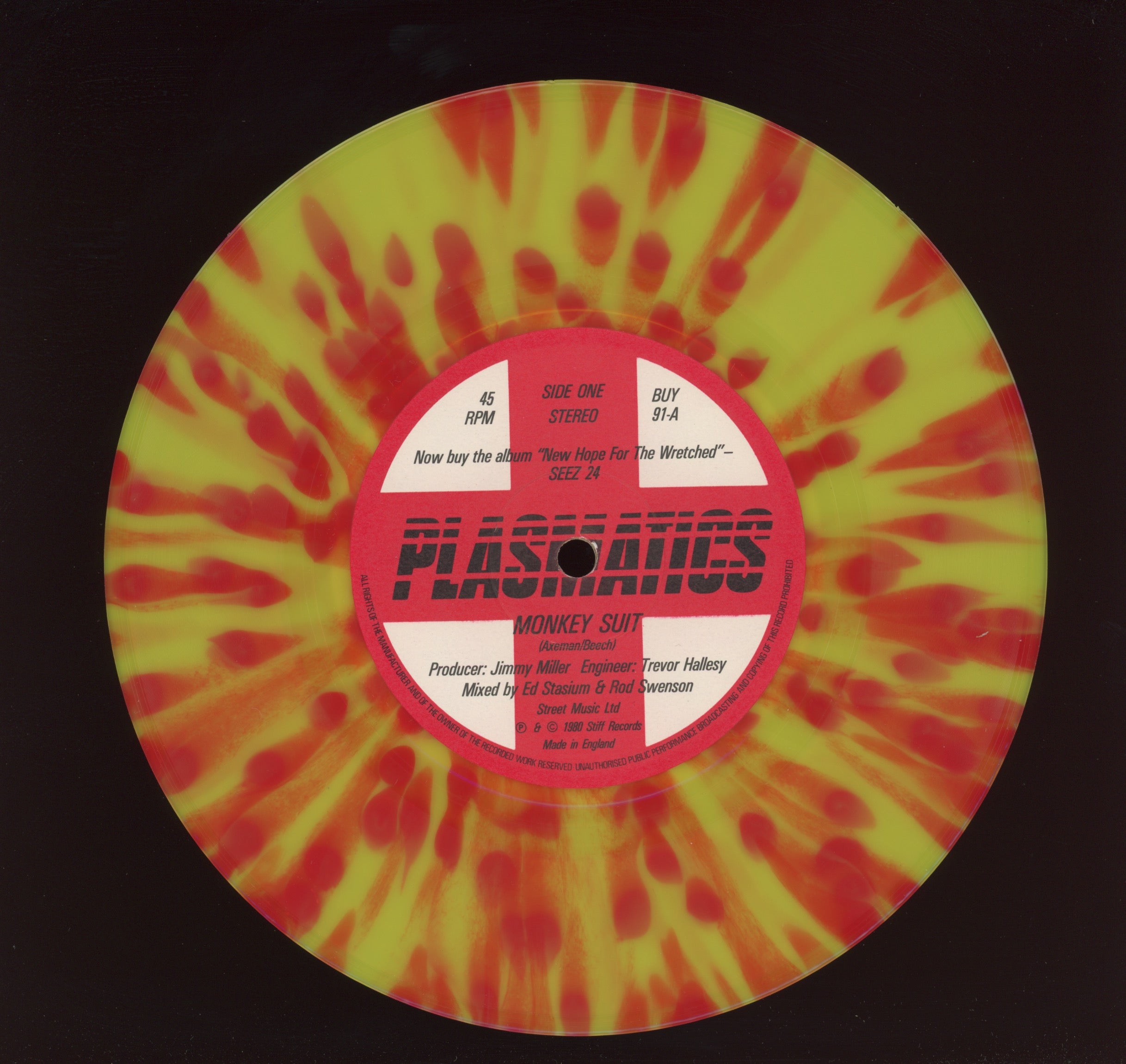 Plasmatics - Monkey Suit on Stiff Splatter Vinyl 7" With Picture Sleeve