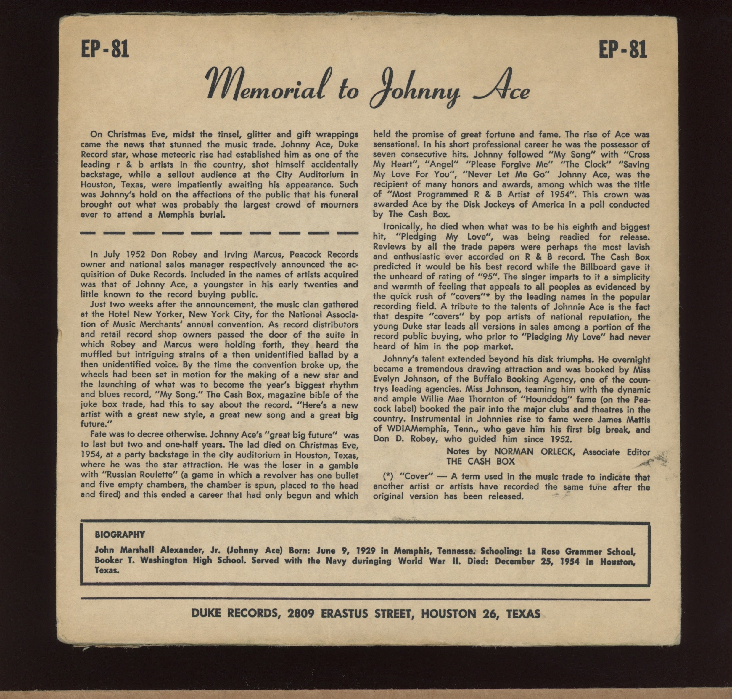 Johnny Ace - Sings on Duke EP-81 With Cover