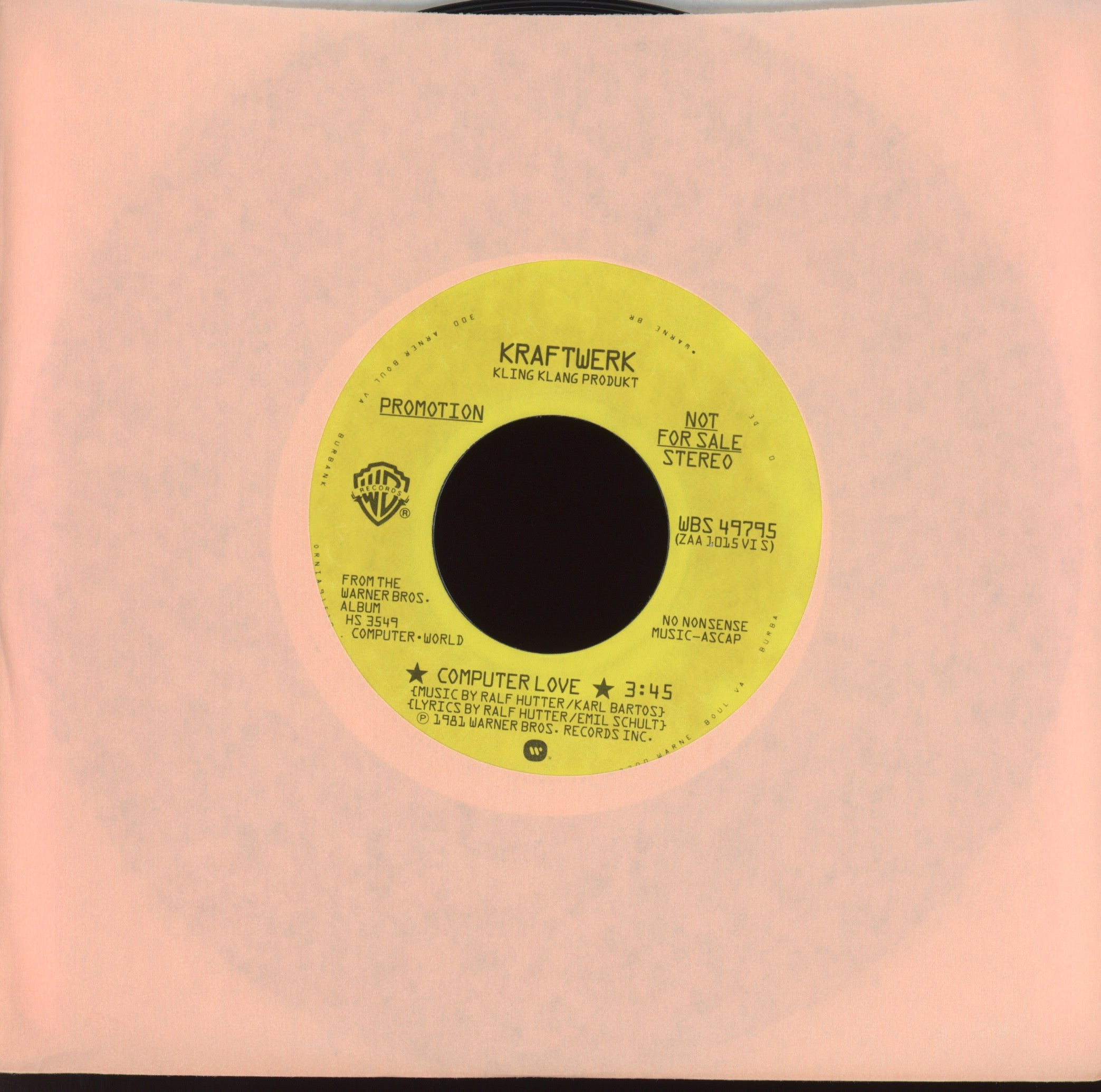 Kraftwerk - Computer Love on Warner Bros. Promo 45