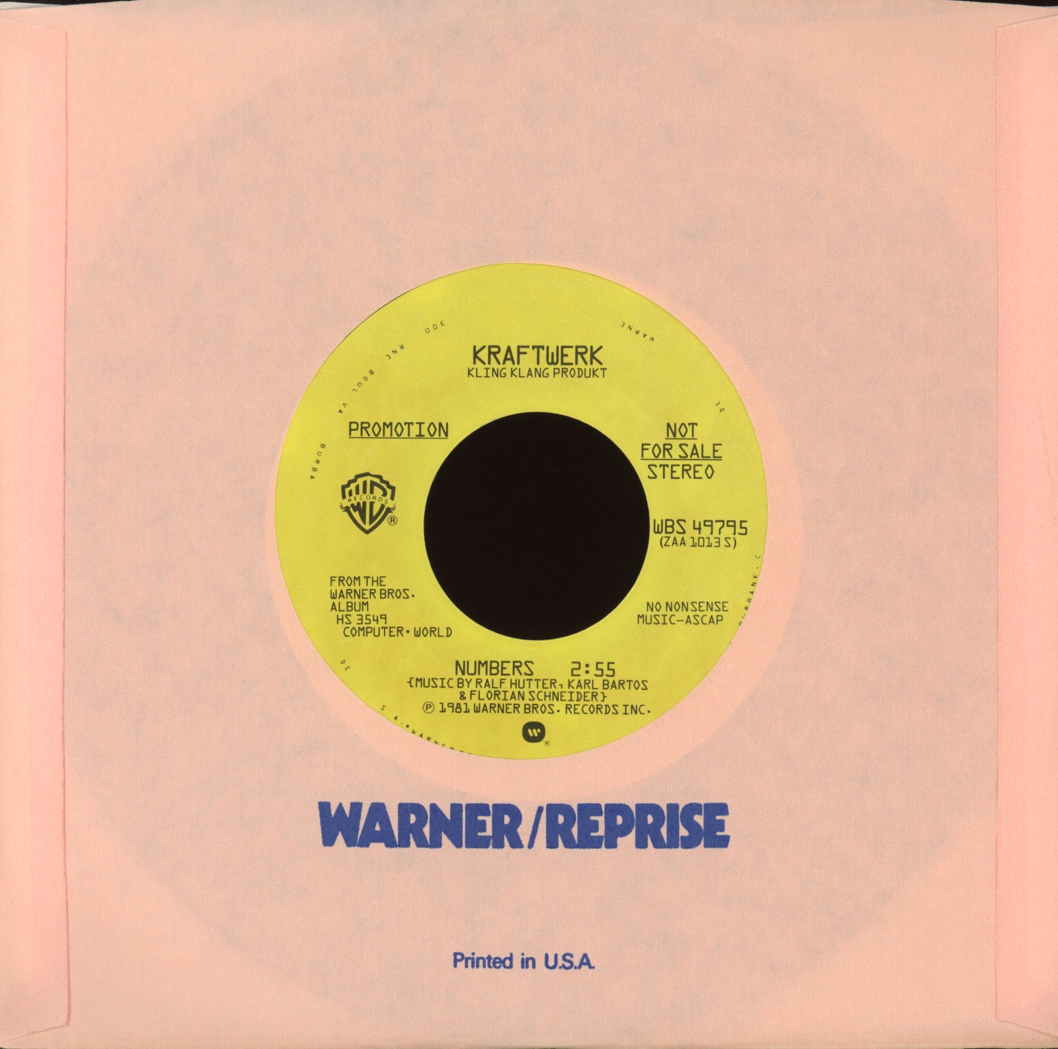 Kraftwerk - Computer Love on Warner Bros. Promo 45