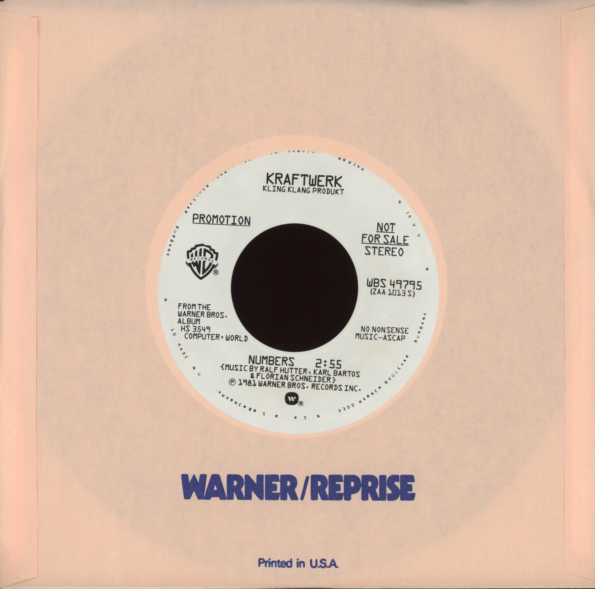 Kraftwerk - Numbers on Warner Bros. Promo 45