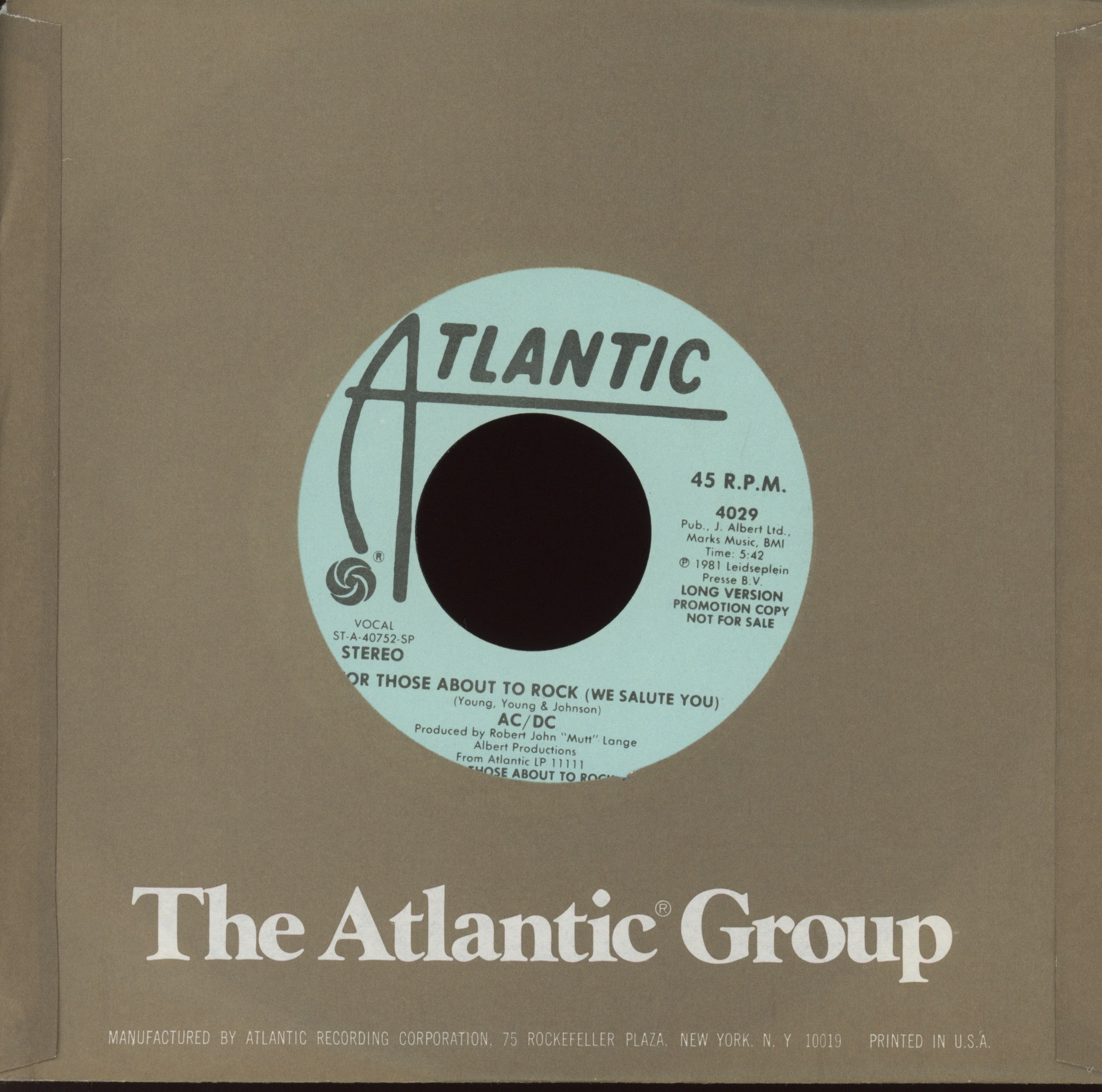 AC/DC - For Those About To Rock (We Salute You) on Atlantic Promo Rock 45