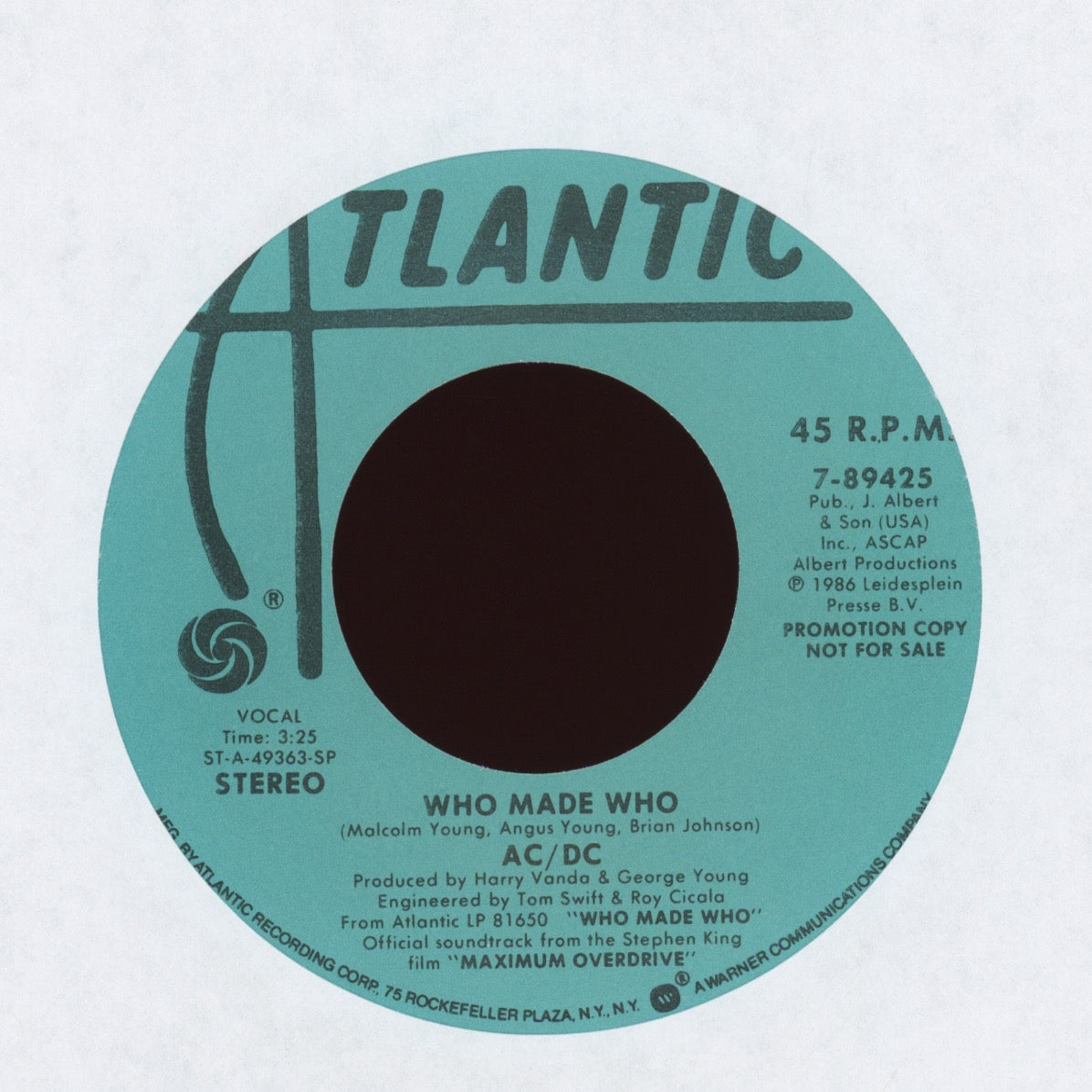 AC/DC - Who Made Who on Atlantic Promo With Picture Sleeve
