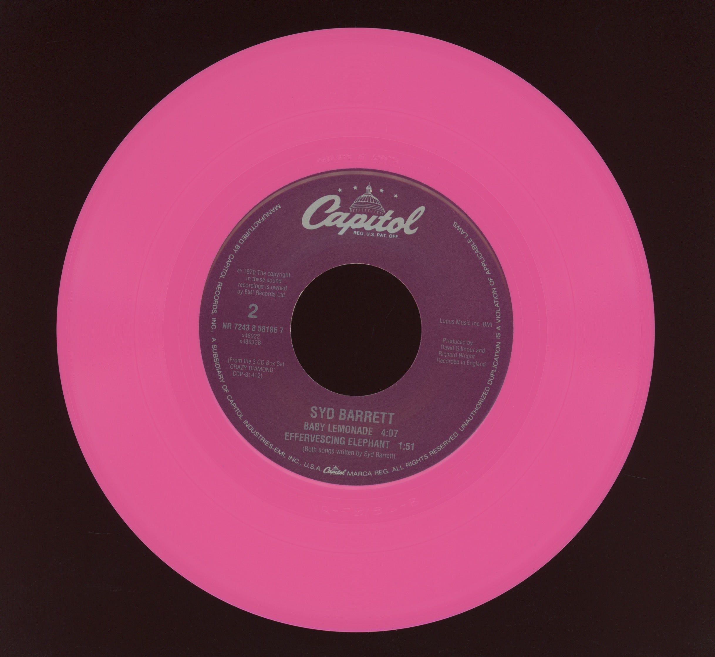 Syd Barrett - Crazy Diamond on Capitol Pink Vinyl 45 With Pic Sleeve