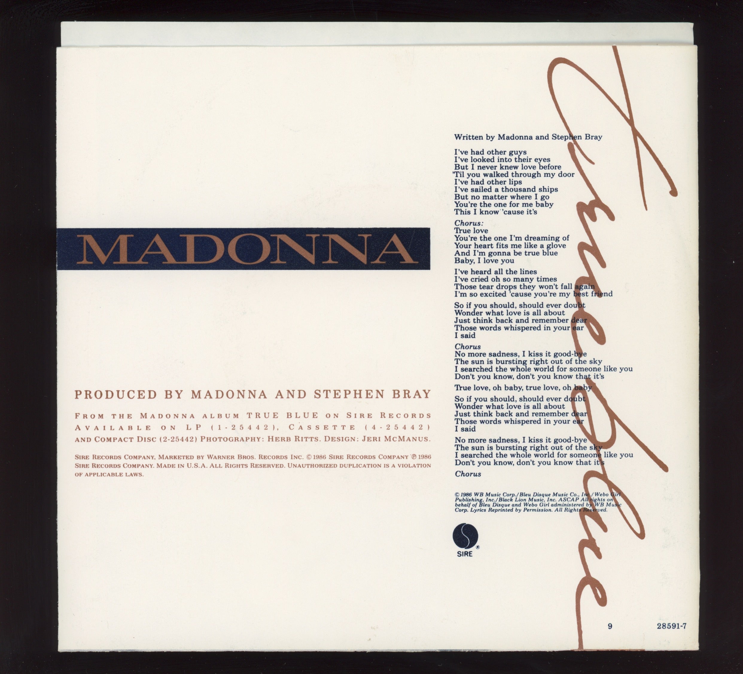 Madonna - True Blue on Sire Blue Vinyl Promo 45 With Pic Sleeve
