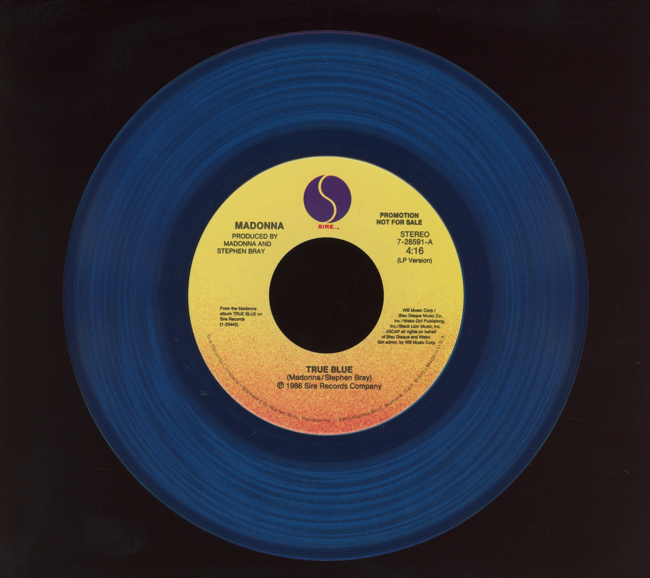 Madonna - True Blue on Sire Blue Vinyl Promo 45 With Pic Sleeve