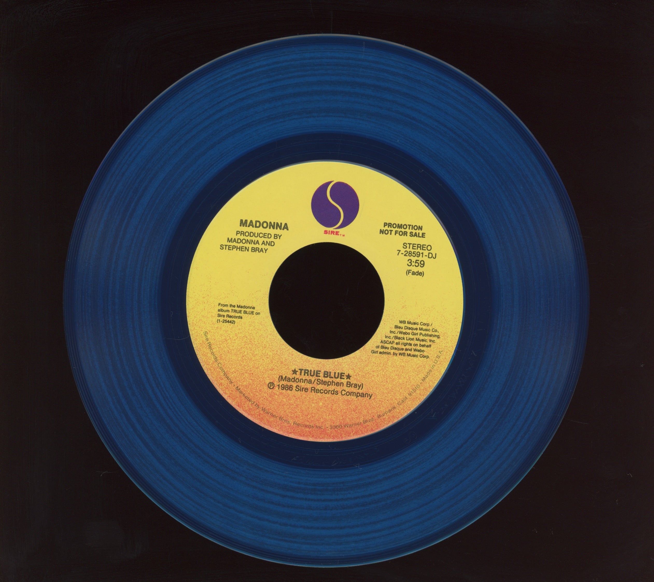 Madonna - True Blue on Sire Blue Vinyl Promo 45 With Pic Sleeve