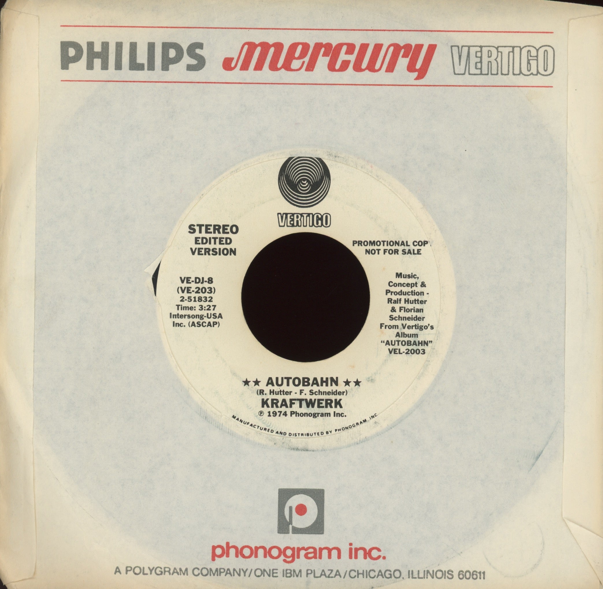 Kraftwerk - Autobahn on Vertigo Promo Electronic Rock 45
