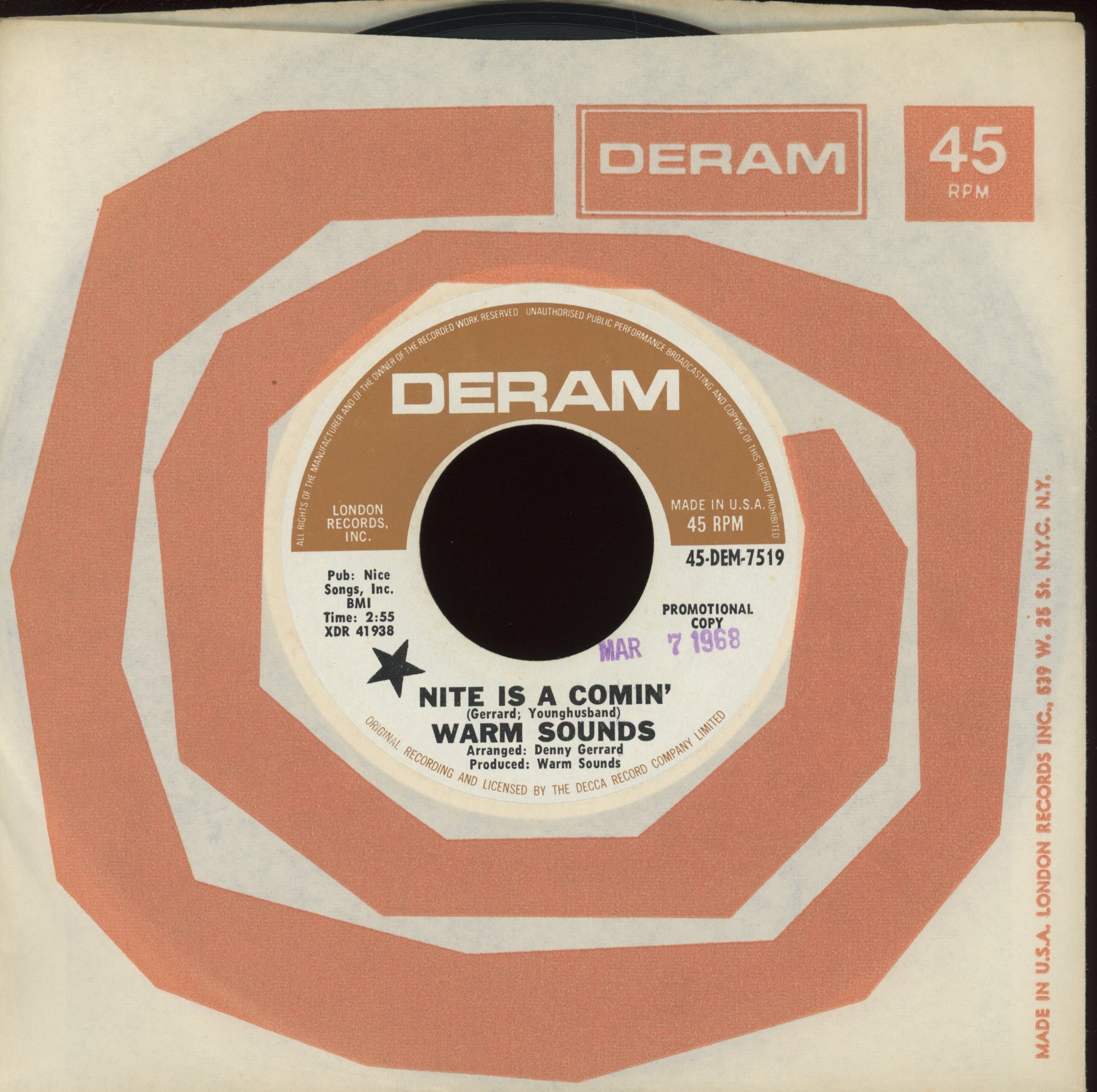 Warm Sounds - Nite Is A Comin' on Deram Promo Psych Fuzz 45