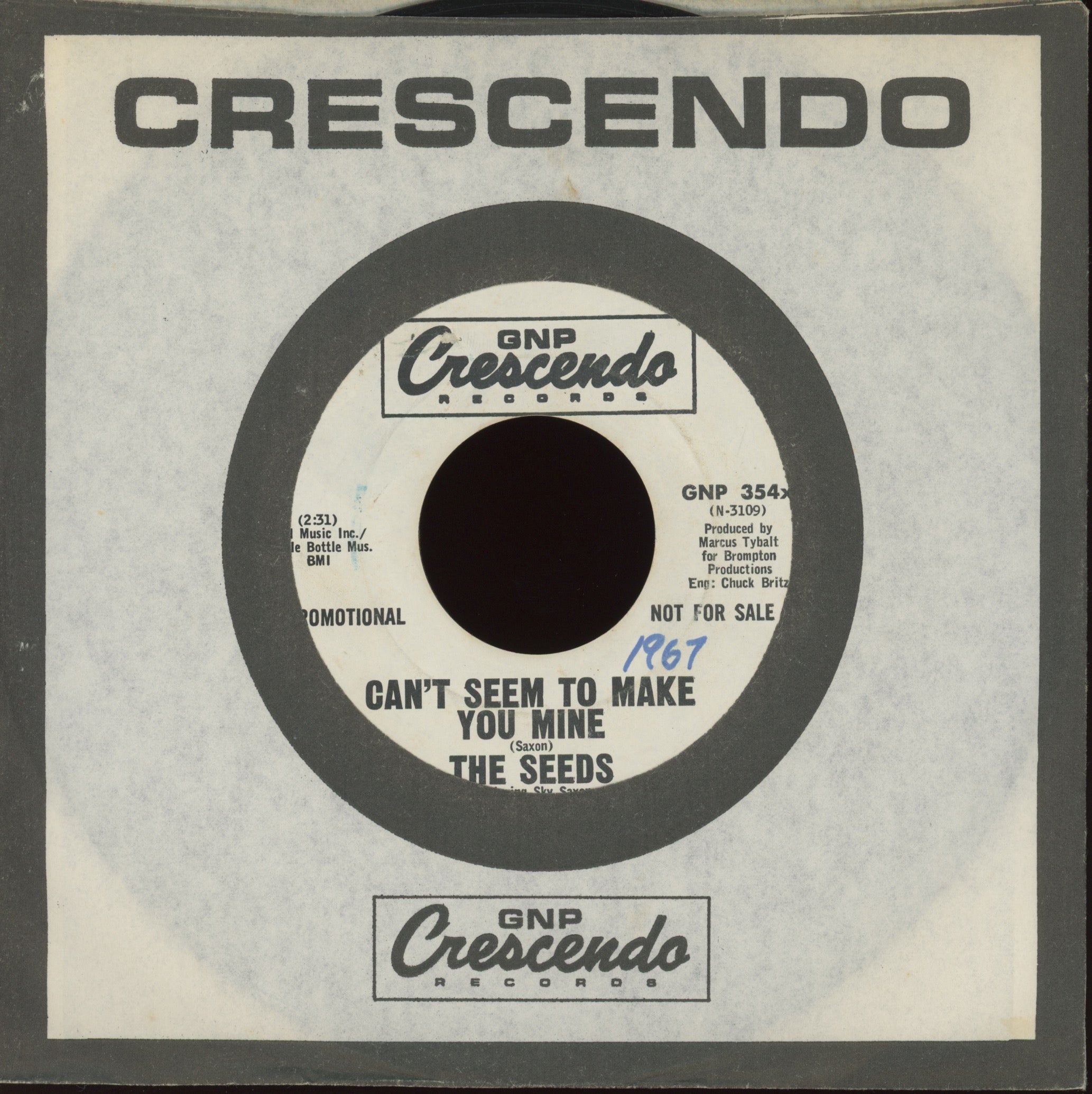 The Seeds - Can't Seem To Make You Mine on GNP Crescendo Promo Garage 45