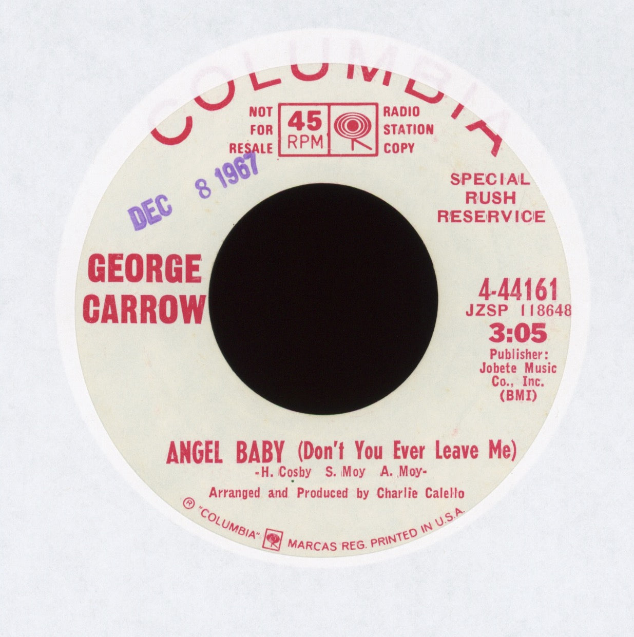 George Carrow - Angel Baby (Don't You Ever Leave Me) on Columbia Promo Northern Soul 45