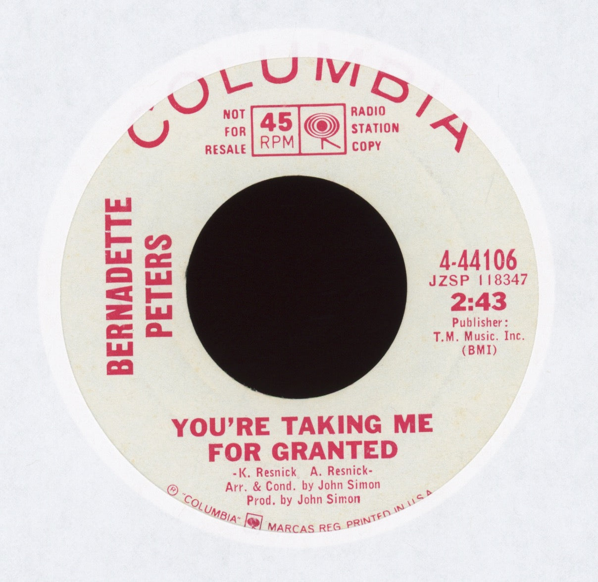 Bernadette Peters - You're Taking Me For Granted on Columbia Promo Northern Soul 45