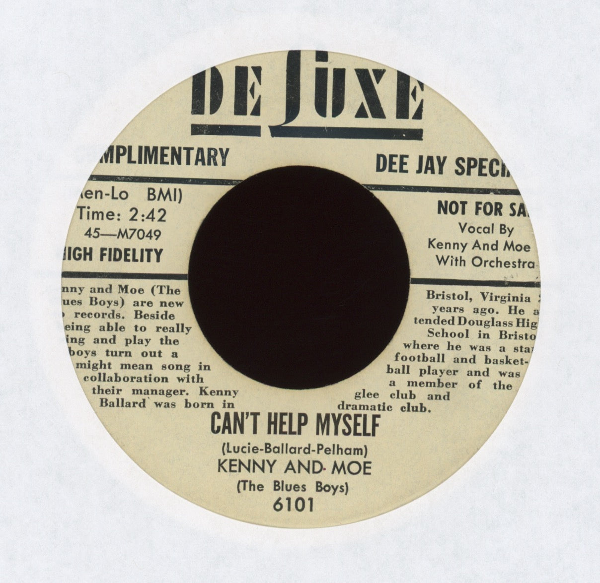 Kenny And Moe (The Blues Boys) - Can't Help Myself on DeLuxe Bio Promo R&B Rocker 45