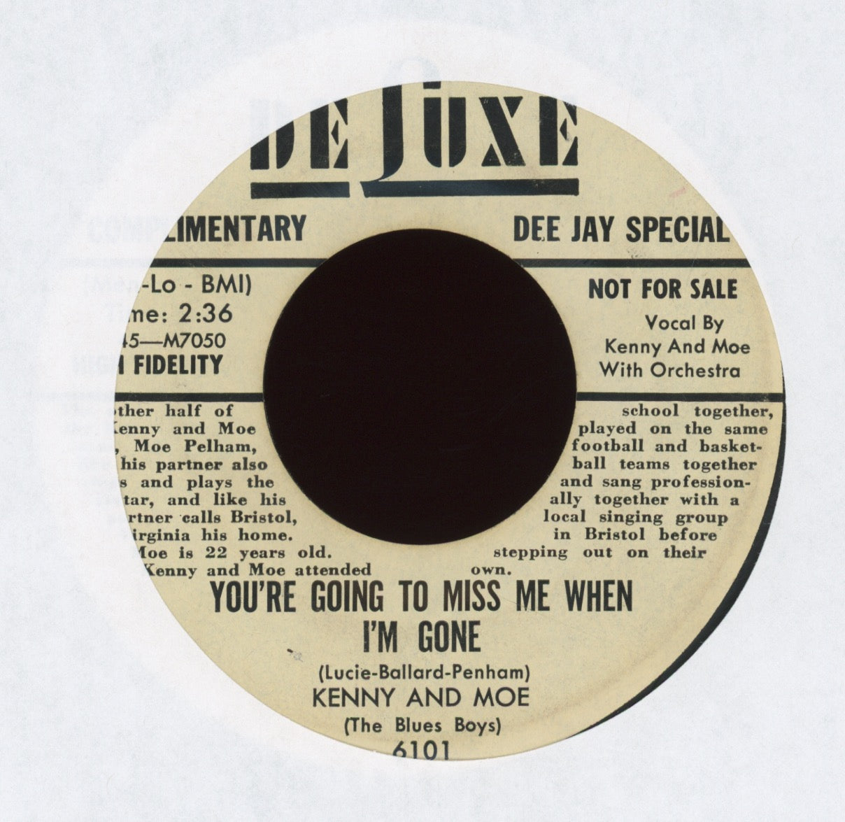 Kenny And Moe (The Blues Boys) - Can't Help Myself on DeLuxe Bio Promo R&B Rocker 45