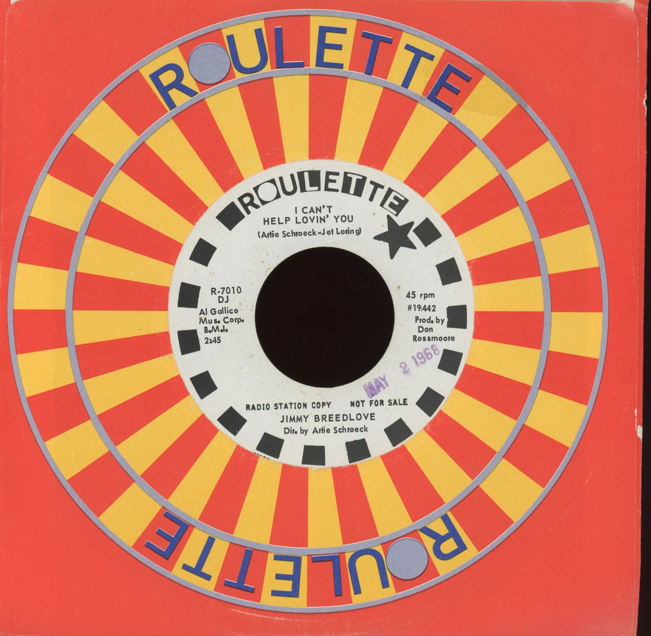 Jimmy Breedlove - I Can't Help Lovin' You on Roulette Promo Northern Soul 45