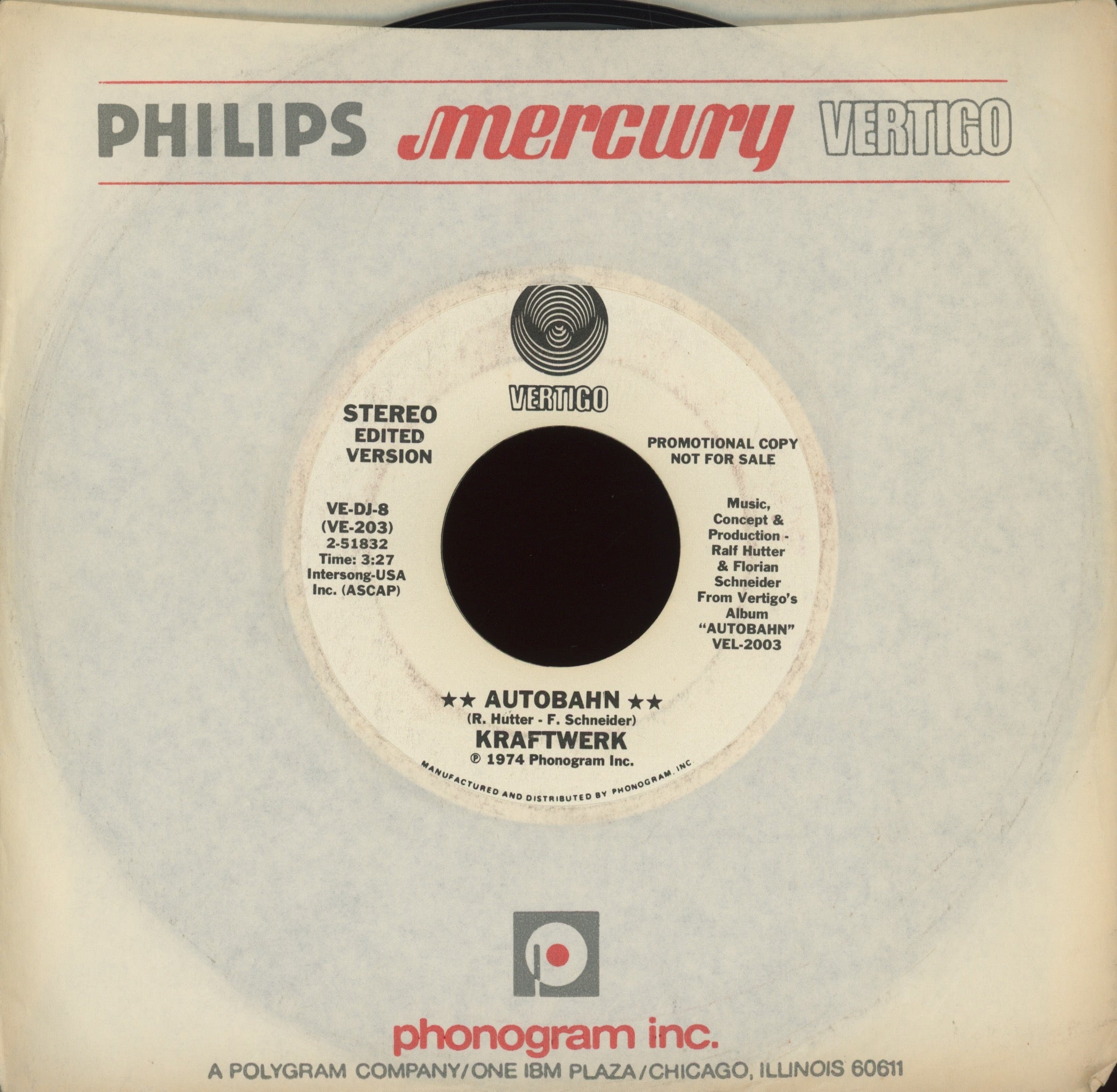 Kraftwerk - Autobahn on Vertigo Promo Electronic Rock 45