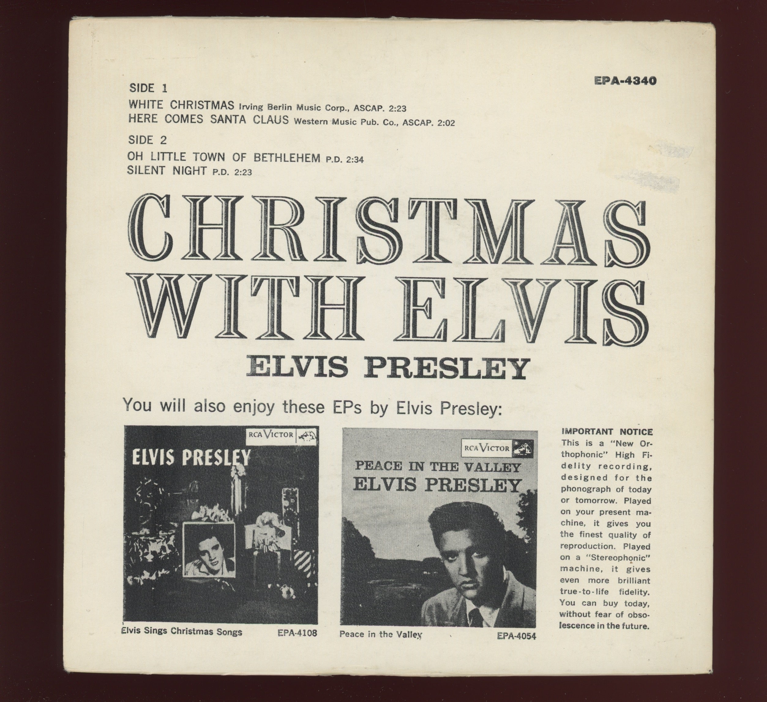 Elvis Presley - Christmas With Elvis on RCA EPA 4340 Rare Orange Label EP 45 With Cover